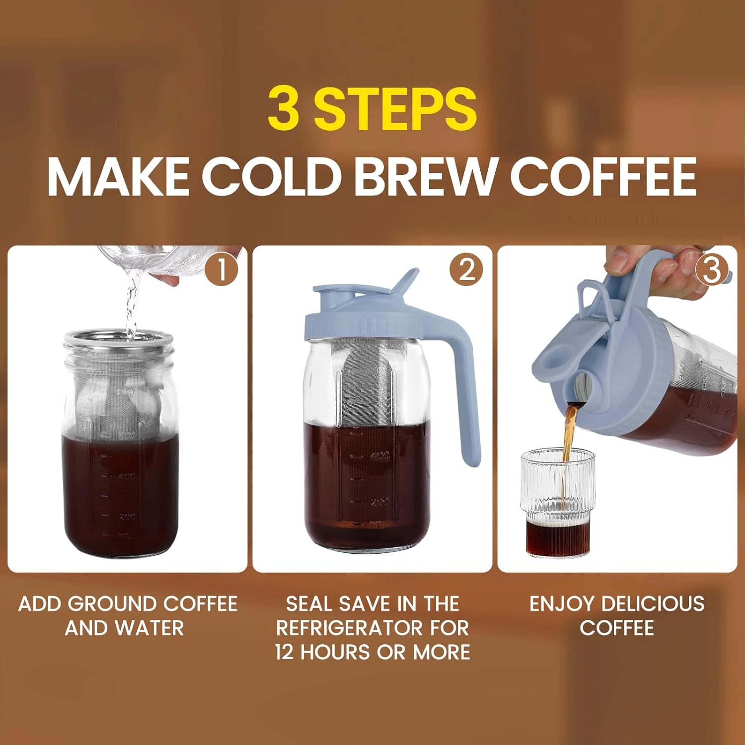 Cold Brew Coffee Maker,32 oz Mason Jar Pitcher with Stainless Steel Filter, Pour Spout Handle Lid, Heavy Duty Glass Airtight & Leak-Proof Pitcher for iced coffee Tea Lemonade-Gray - Image 4