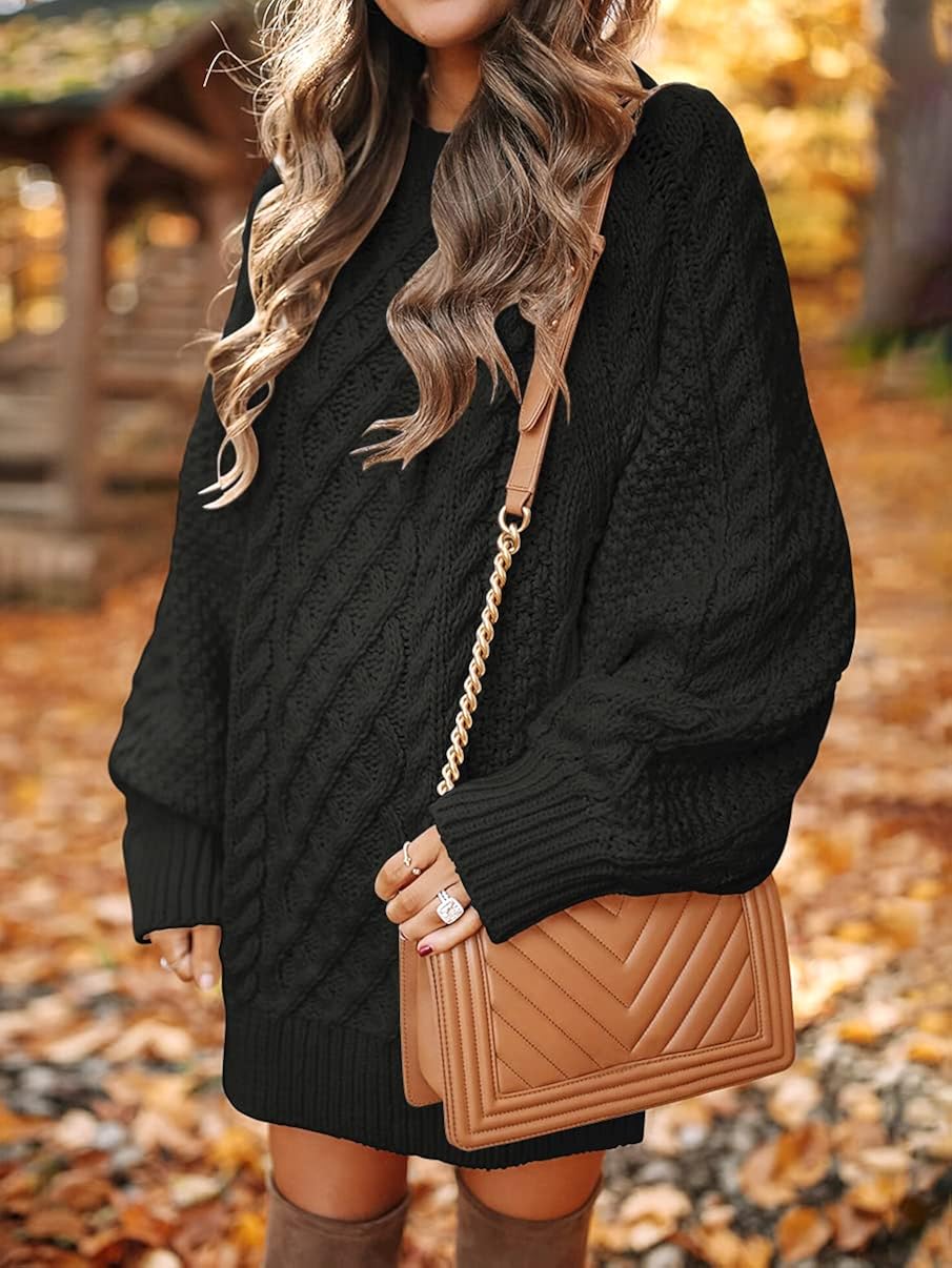 ANRABESS Women Crewneck Long Sleeve Oversized Cable Knit Chunky Pullover Short Sweater Dresses at  Women’s Clothing store