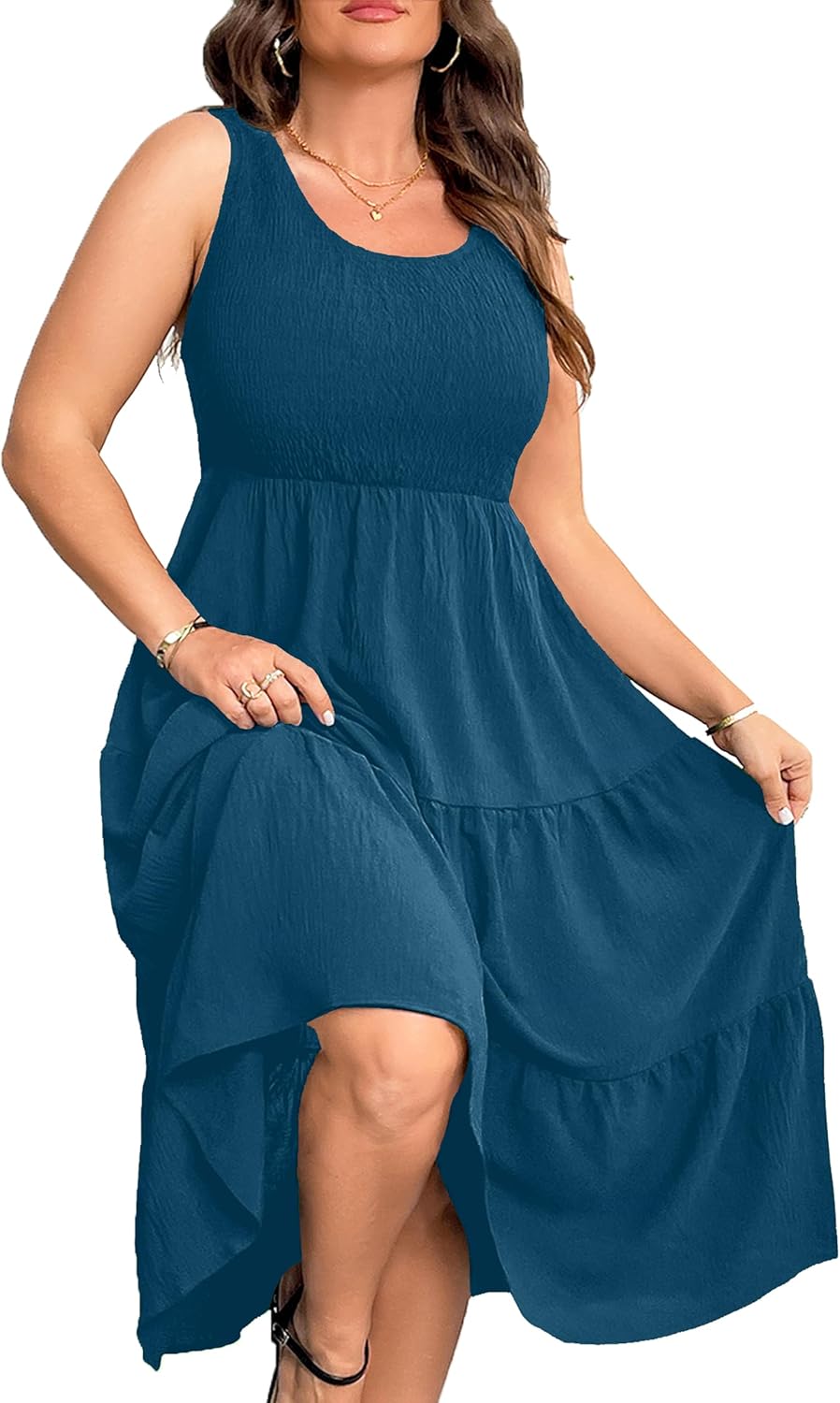 RWJ Plus Size Summer Sleeveless Tank Dress for Women 2025 Smocked Casual Loose Sundress Flowy Beach Tiered Long Midi Dresses