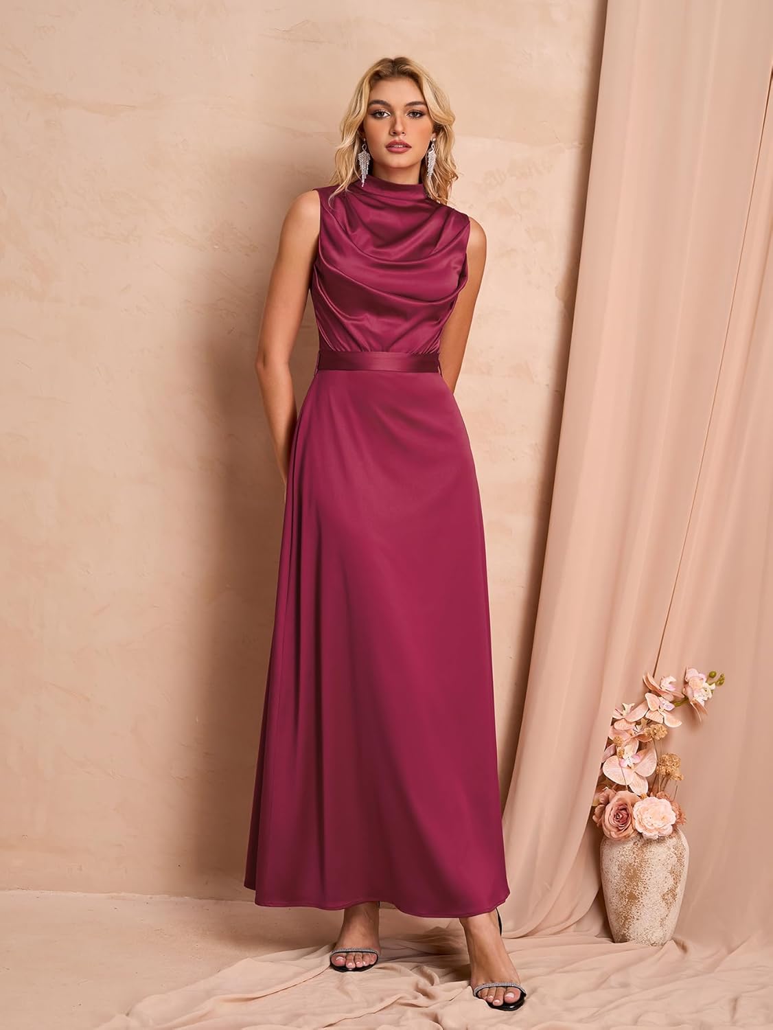 Women Satin Formal Long Dress Elegant Mock Neck Ruched Cocktail Wedding Guest Party Maxi Dress with Belt - Image 2