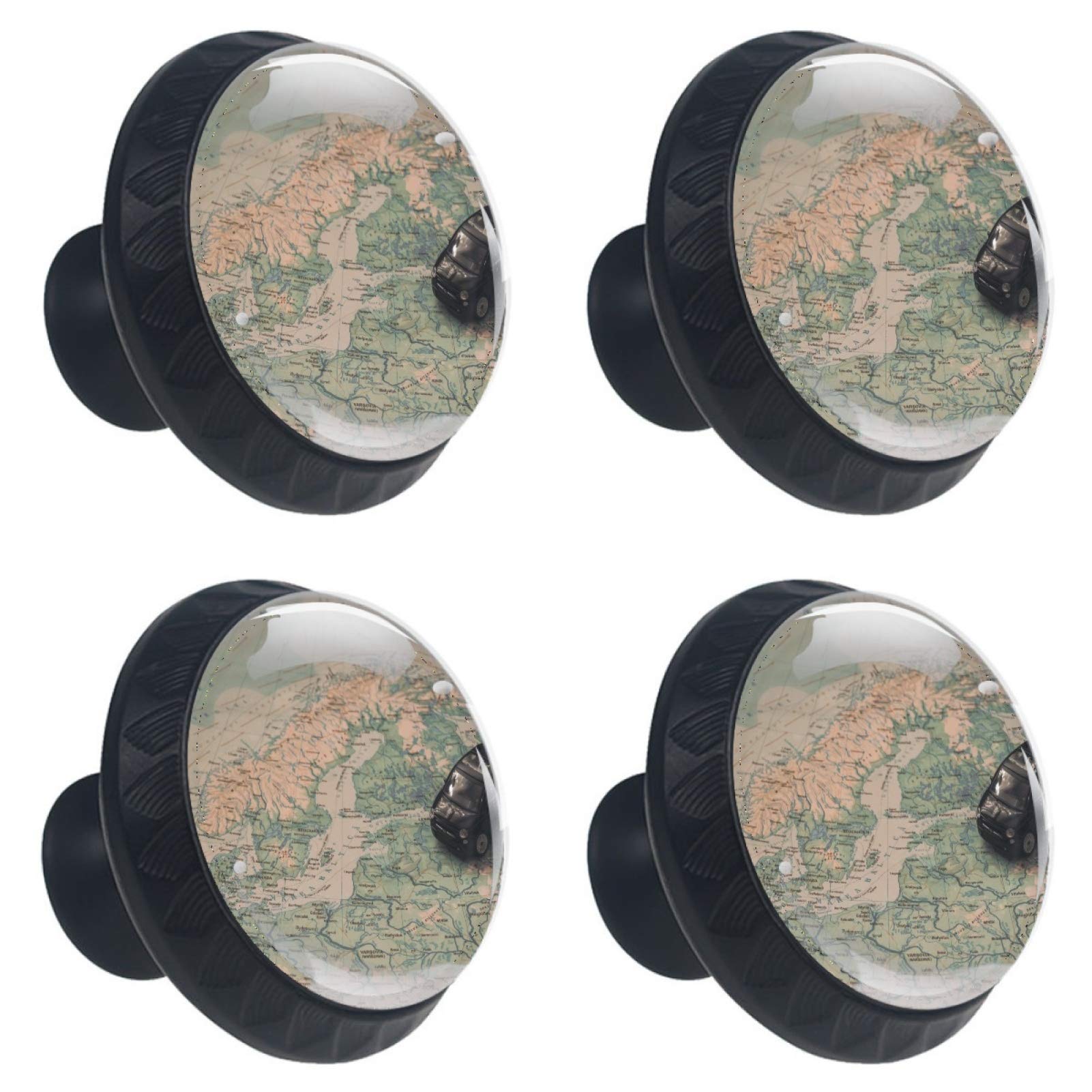 Boutons ronds en verre 30mm pour armoire de cuisine style rétro carte voyage x4