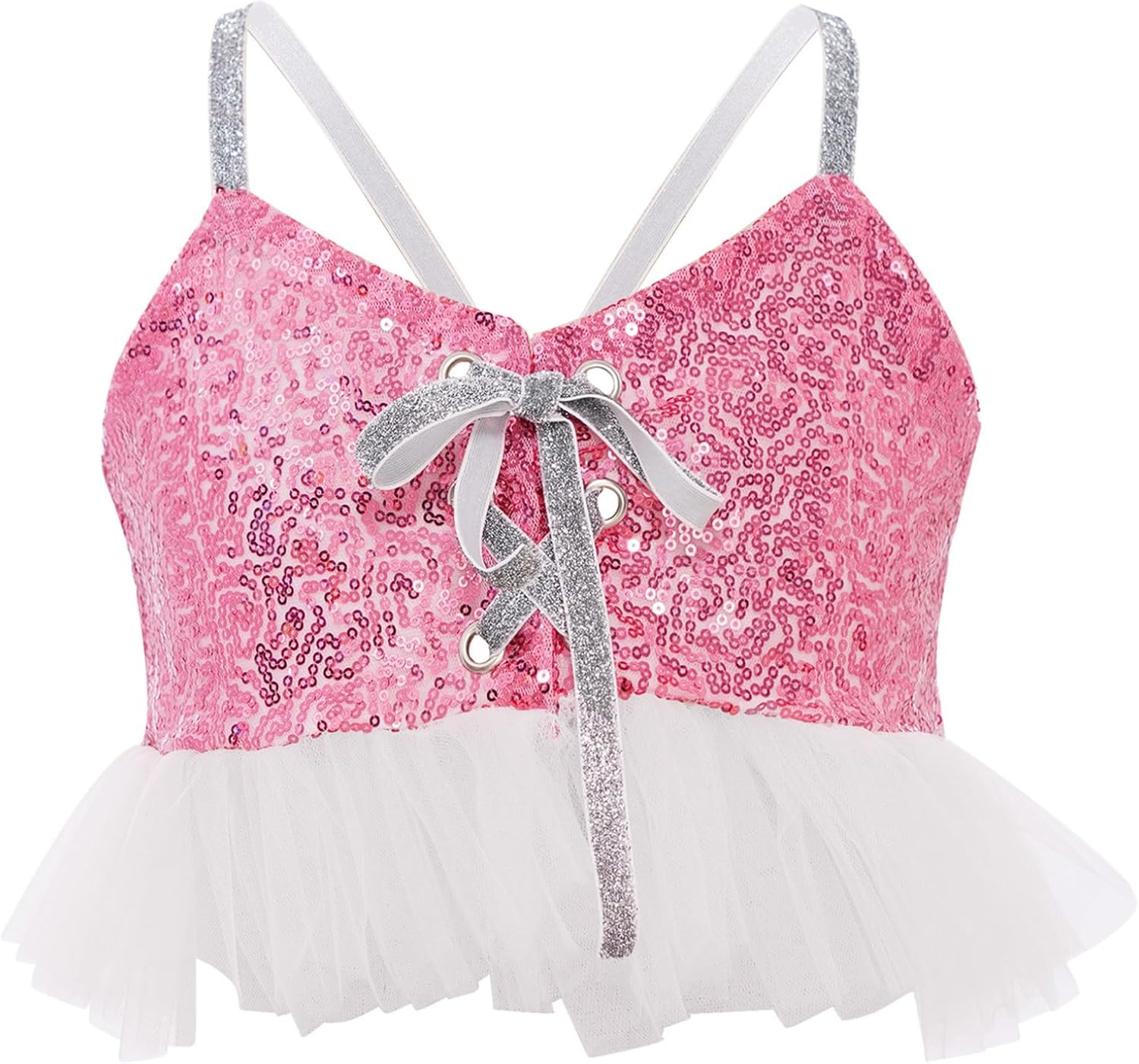 Kids Girls Jazz Dance Outfits Tulle Ruffle Camisole Top with Bell-Bottom Pants Sequins Ballroom Dancewear