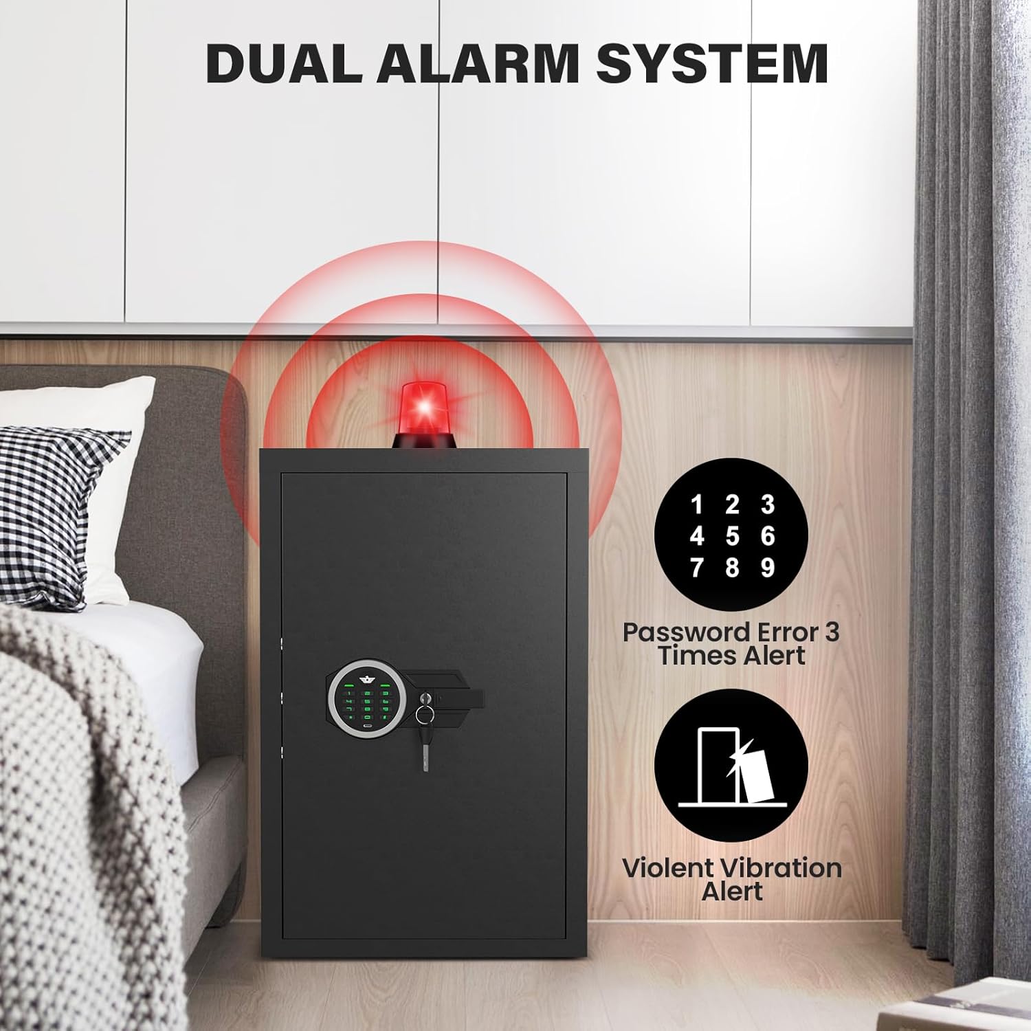 Image showing the safe with a graphic indicating the dual alarm system activation