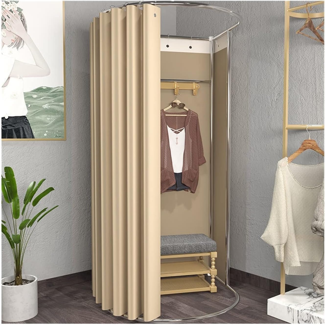 NALsa Round Curtain Dressing Room Clothing Store Fitting Room, Portable Fitting Room Stainless Steel Mobile Track Display Stand semi-Portable Fitting Room