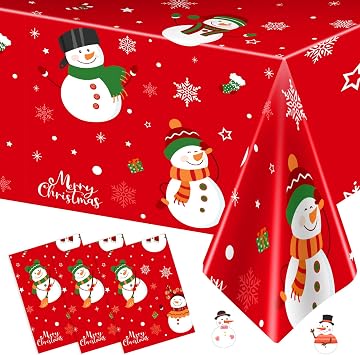 3 Pcs Christmas Tablecloth - Snowman Christmas Table cover, Disposable Plastic Rectangle Xmas Snowman Snowflakes Party Table cloths for Christma Tables Decorations and Party Supplies, 54 x 108 Inch
