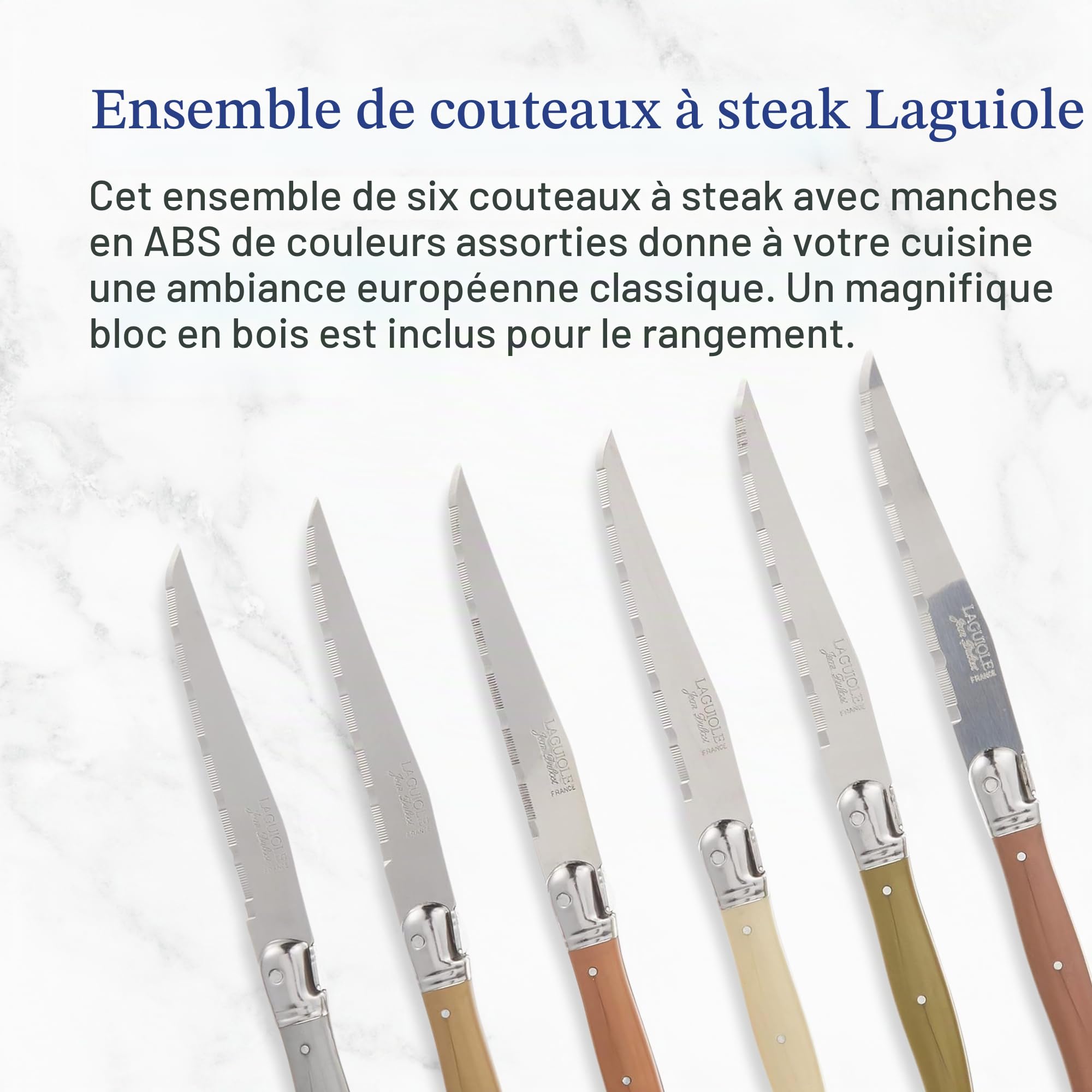 Laguiole Jean Dubost 5/16452 Bloc 6 Couteaux Steak Minéral Mixés, Noir ; Marron | Origine France Garantie