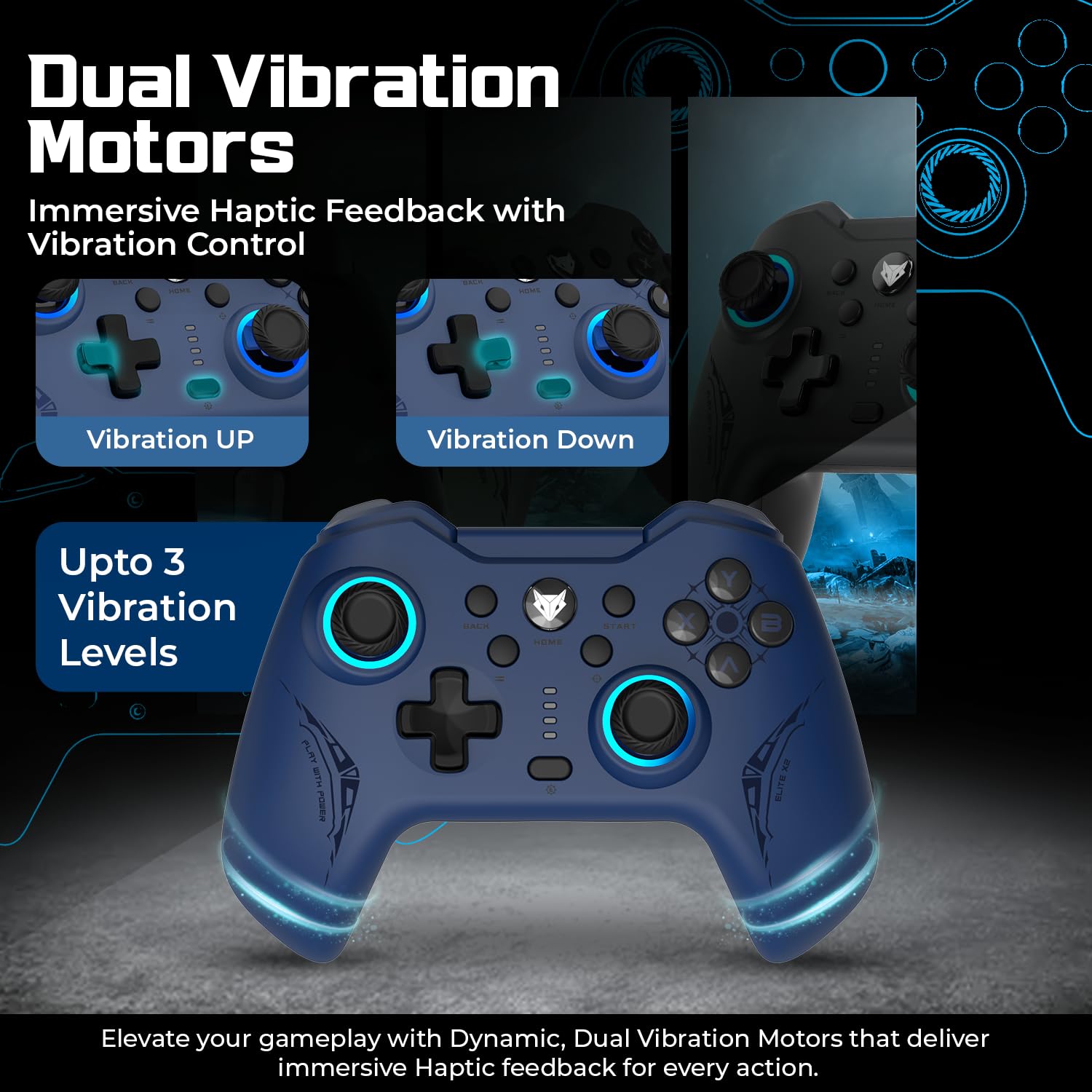 EvoFox Elite X2 Wireless Gaming Controller For PC with 1000Hz Polling Rate, Dual-Mode (2.4G & Type C), Hallsense™ Magnetic Hall 3D Joysticks & Triggers, EZ Click Macros, Dual Vibration Motors(Blue) — Amazon image 6