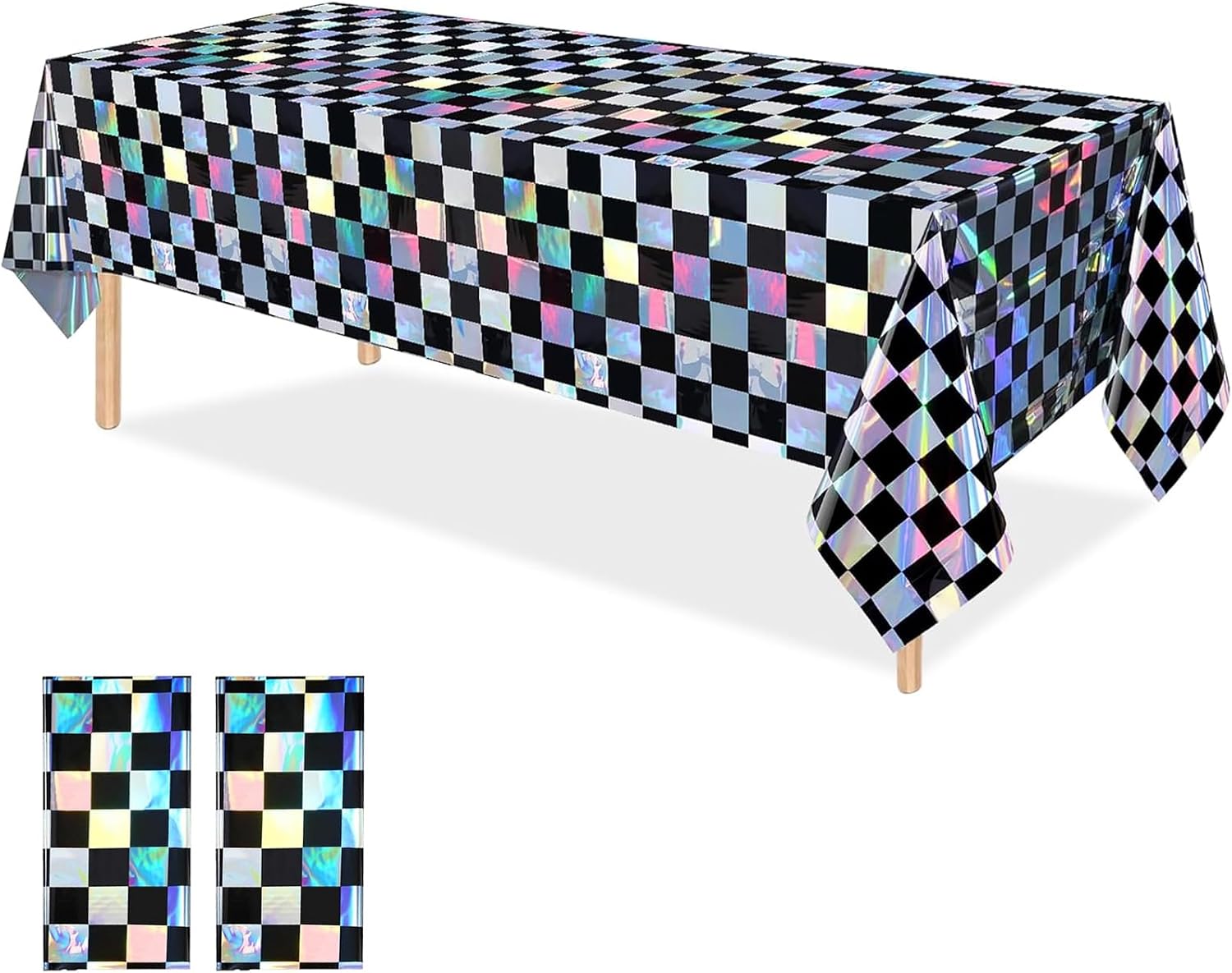 OQOQ Checkered Iridescent Tablecloth (2 Packs，Black&Silver), 54x108 Inches Laser Plastic Table Cover Disposable Table Cloth Birthday Decorations Disco Racing Bachelorette Party