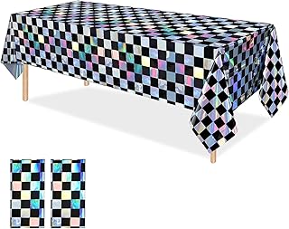 OQOQ Checkered Iridescent Tablecloth (2 Packs,Black&Silver) - Rectangular Plastic Table Cover Disposable Table Cloth Birthday Decorations Waterproof Foil Tablecloth Bachelorette Party 54x108 Inches