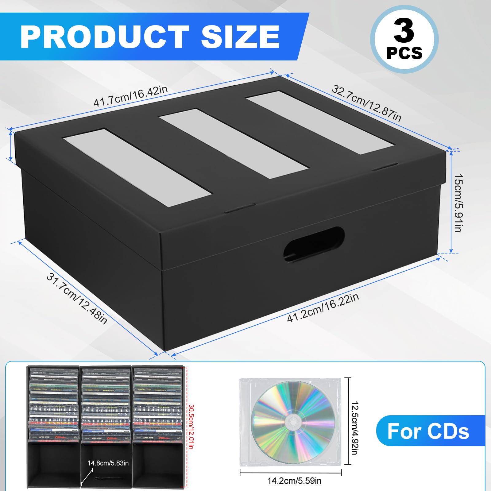 3 Pack CD Storage Boxes with 3 Compartment, CD Case Storage Cardboard DVD Case Holder with PVC Clear Lid, Each Holds 90 CDs in Full Jewel Cases,180 CDs in Slim Cases, 495 Discs in Sleeves - 3
