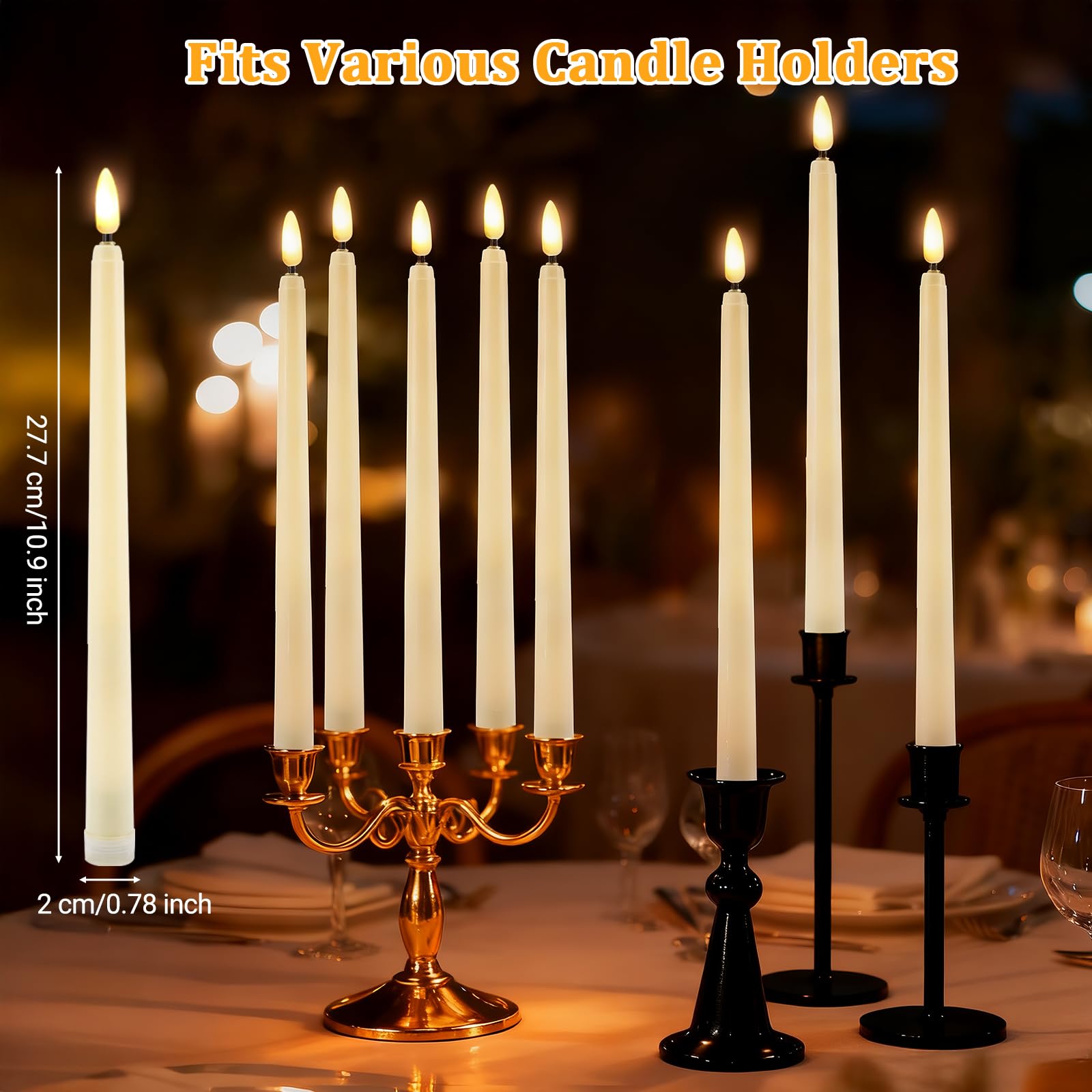 IMAGE Lot de 12 bougies coniques rechargeables sans flamme, mèche 3D ivoire avec minuteur à distance, ligne de pêche de 99,1 m, bougies LED vacillantes pour décoration de Noël, maison, mariage