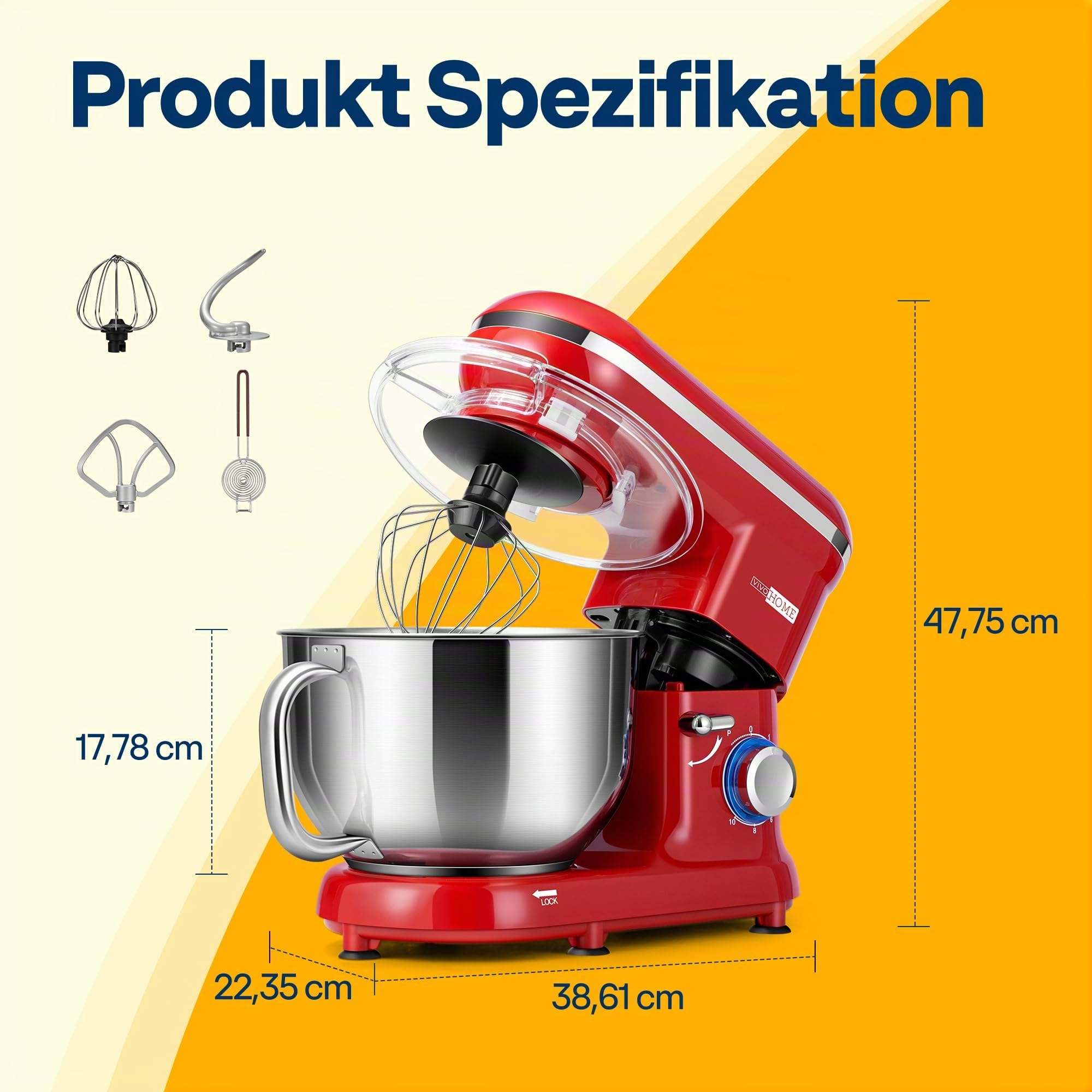 VIVOHOME 1500W Küchenmaschine,5,7L mit Edelstahlrührschüssel | 10 Stufen und Pulsfunktion Teigmaschine mit Spritzschutz Knethaken und Rührbesen für Brot und Kuchenteig,Rot