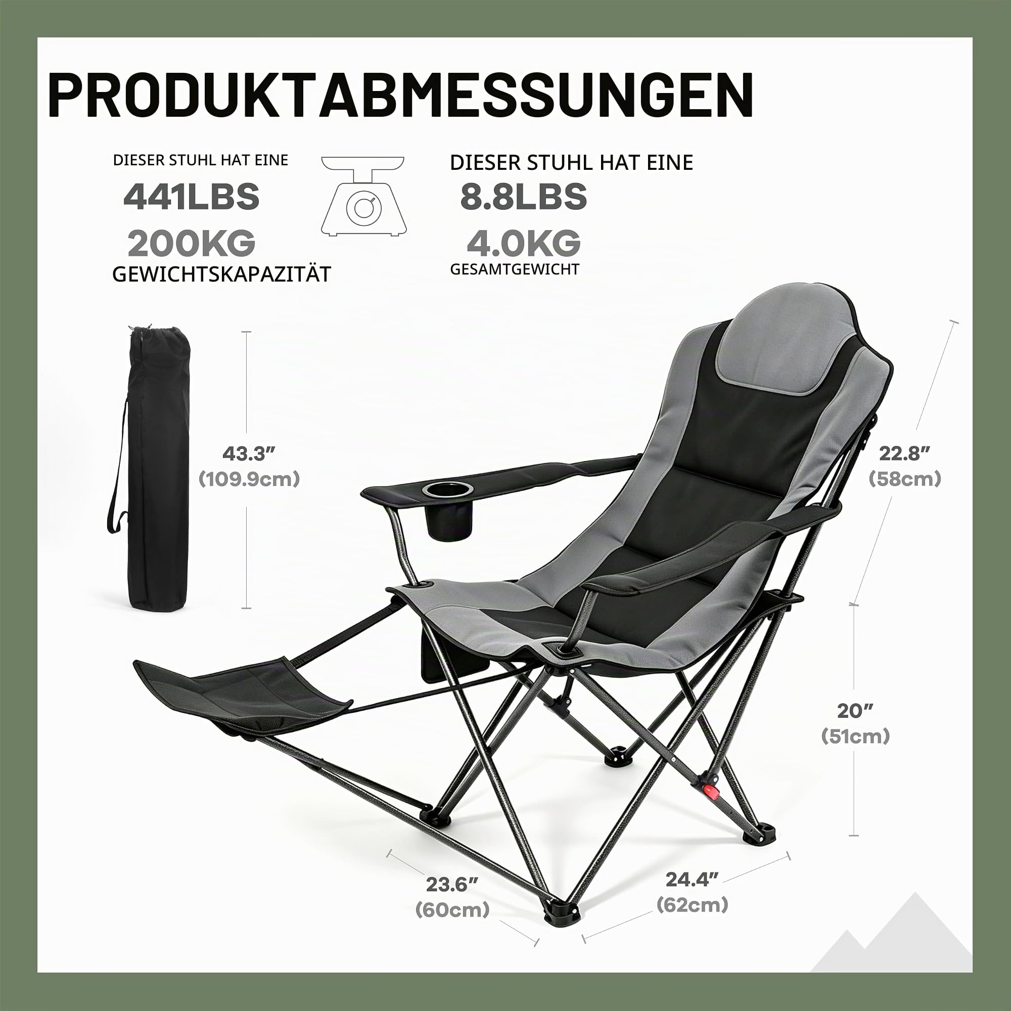 OUTSIDER Schwerlast Campingstuhl mit Fußstütze 200kg, 3-Position Klappstuhl, Getränkehalter, obere Reißverschlusstasche & Seitentasche, tragbar für Camping, Angeln, Wandern 1pc (Black-4)