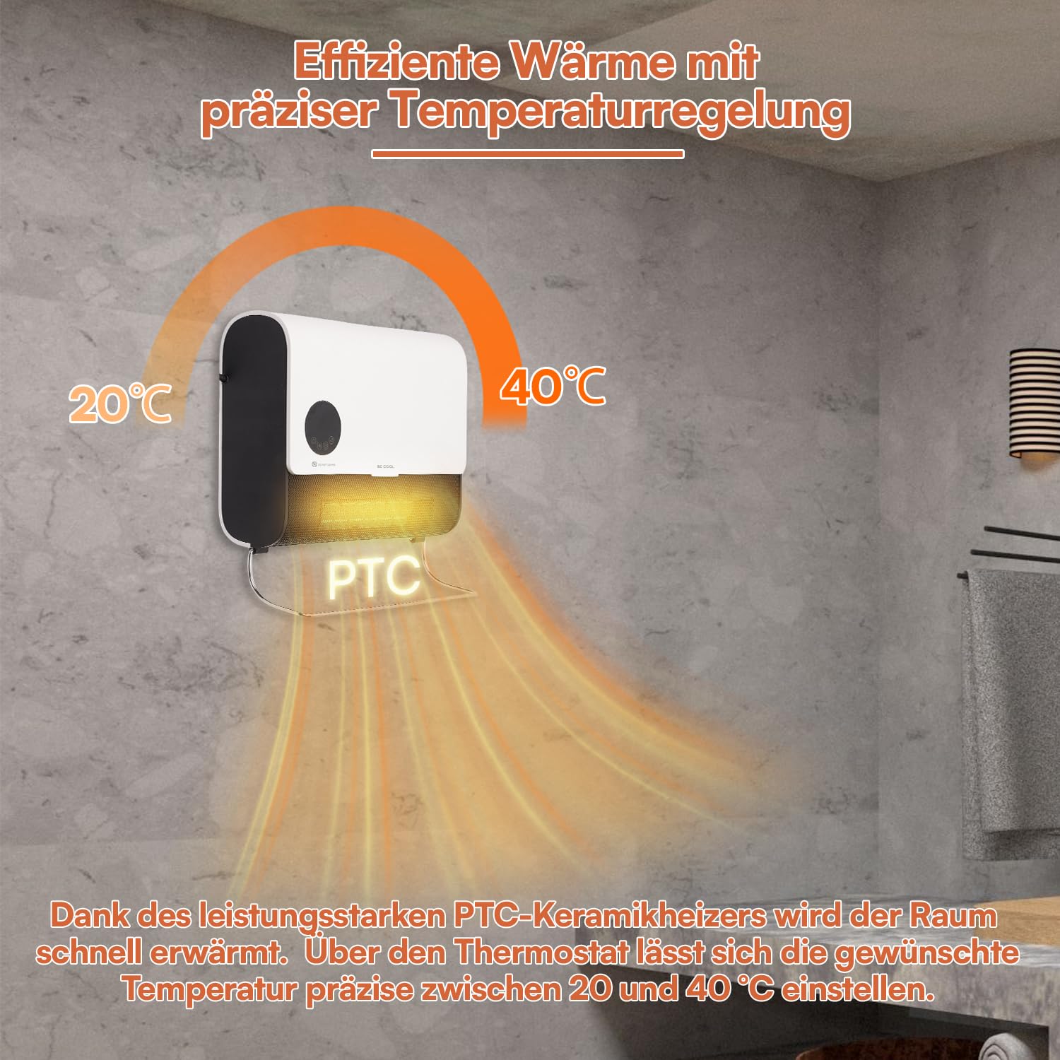 BE COOL Wand-Heizlüfter 2000 W mit PTC, ECO, Timer & Fernbedienung