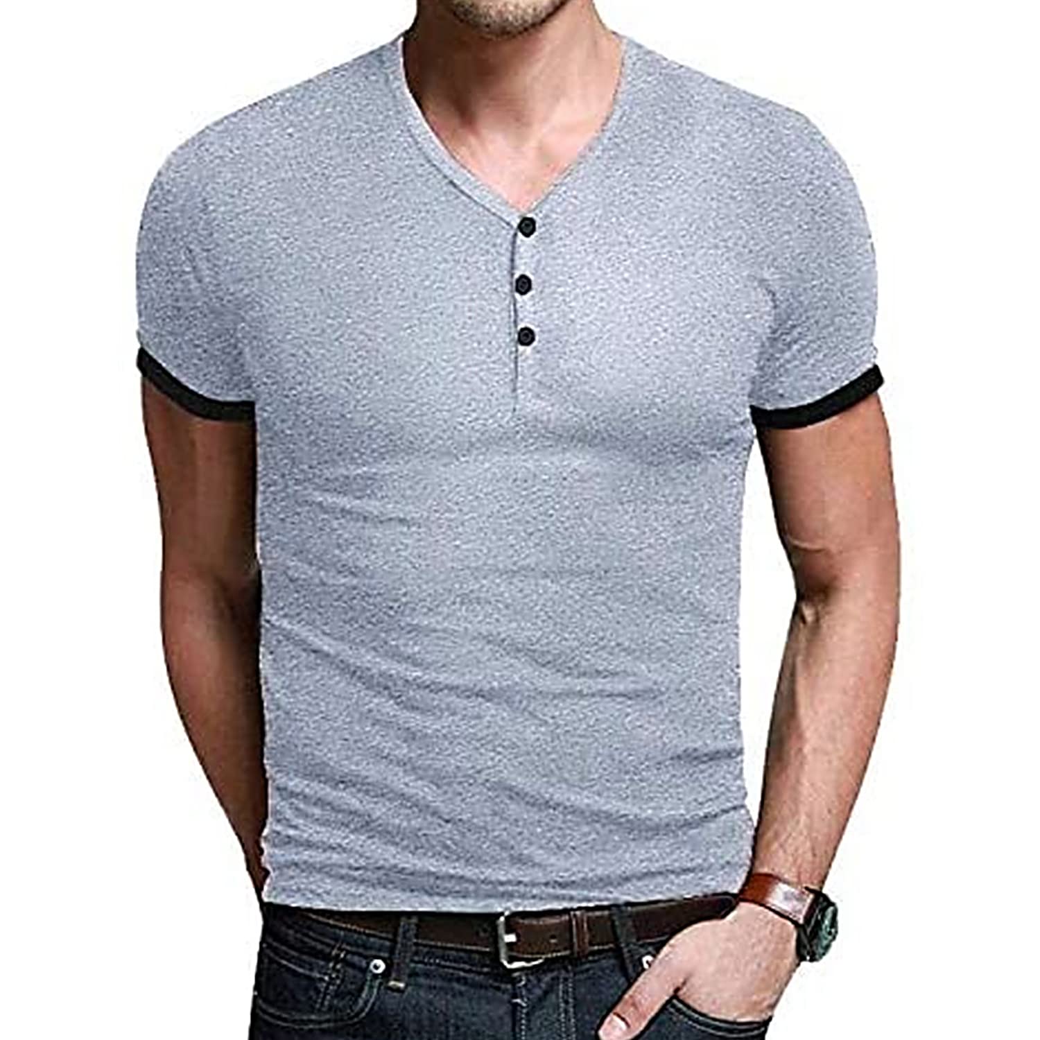 Men'S Cotton Regular-Fit Short-Sleeve Casual Basic V Neck Tee Tops Summer Solid Color Button Collar Shirt (Grey,Medium)