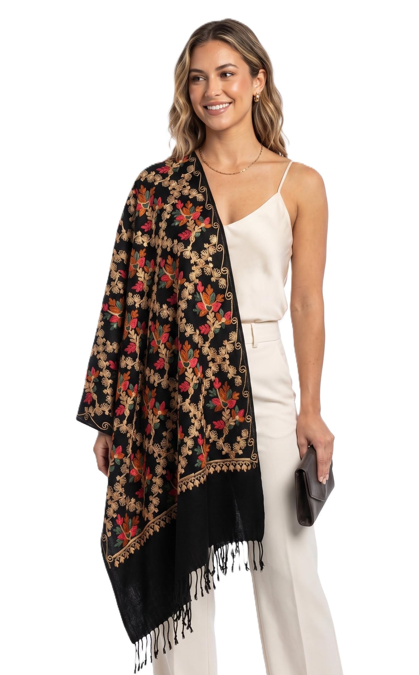 Kashmiri Shawl with Multicolour Aari Embroidery, Black, Women's Wrap, 71x203 cm-image-15