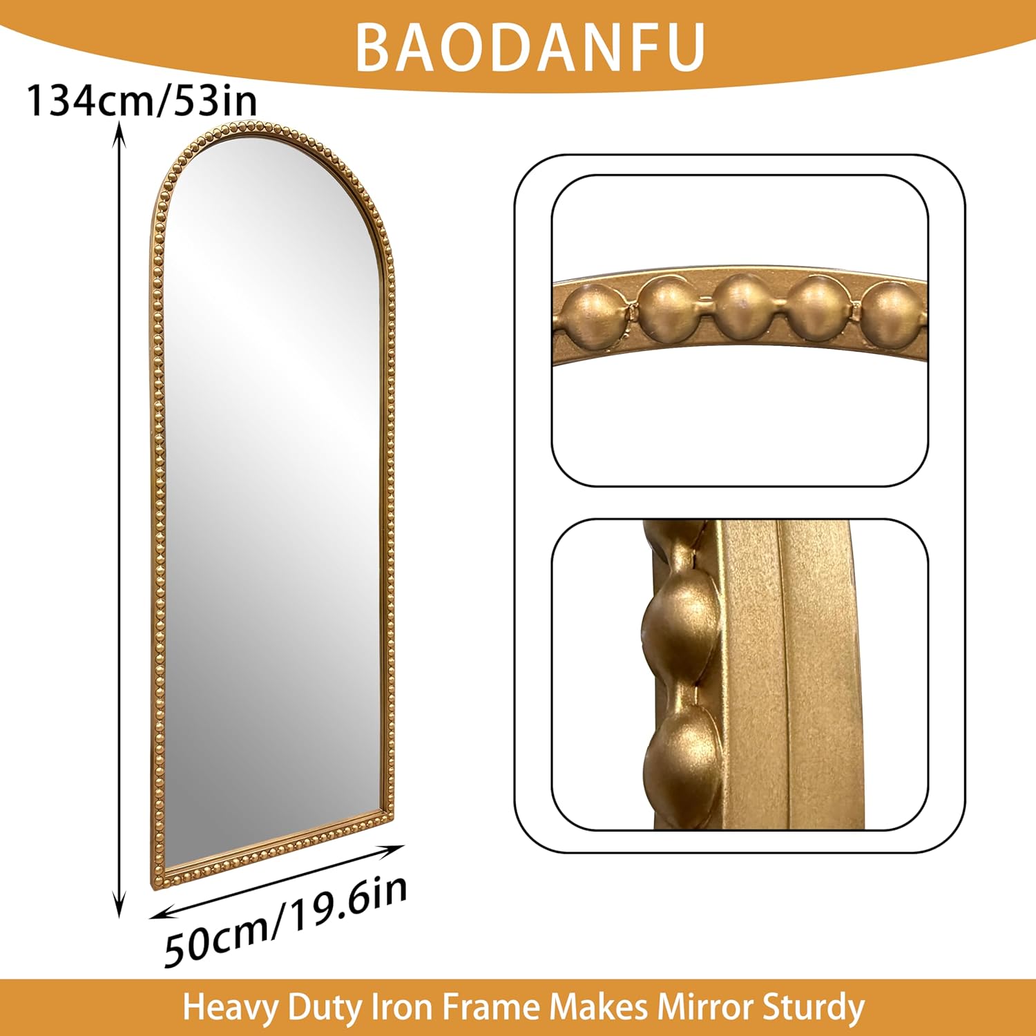 Vintage Full Length Wall Mirror, Large Gold Arch Floor Mirror 20"X53" with Antique Beaded Metal Frame for Dresser Living Room, Decorative Mirrors for Entryway Hallway Bathroom - Image 4