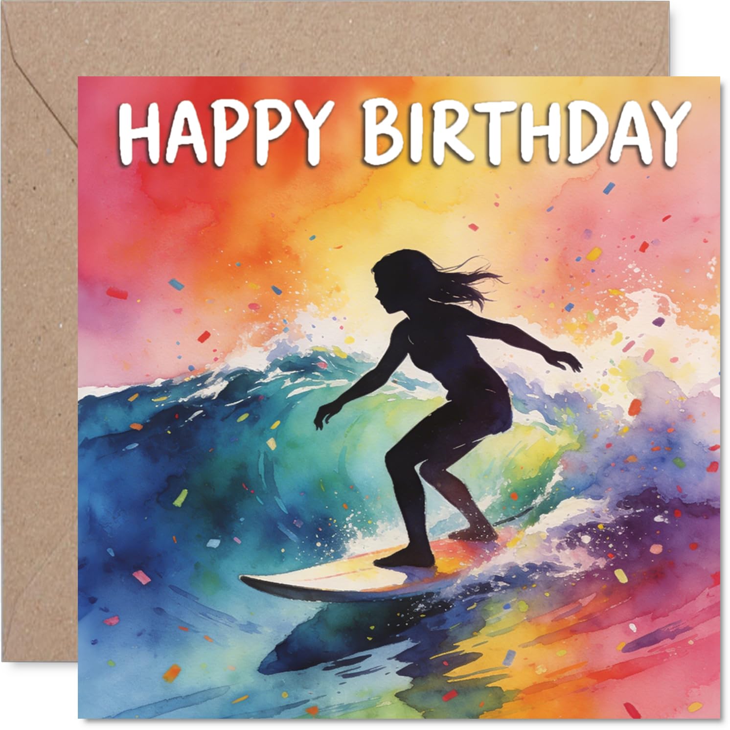 Playful Birthday Card - Catch the Birthday Wave - Vibrant Surfing Silhouette with a Splash of Watercolour Energy - 145mm Square, Envelope Included