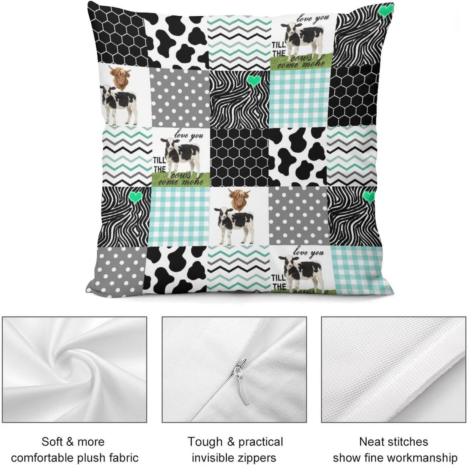 Cute Cow Print Pillowcase,Rusitc Farm Animals Stripes Honeycomb Plaid Pattern Plush Warm Cozy Cushion Cases for Chair Sofa Car Living Room Couch Bedroom Recliner, 22x22in