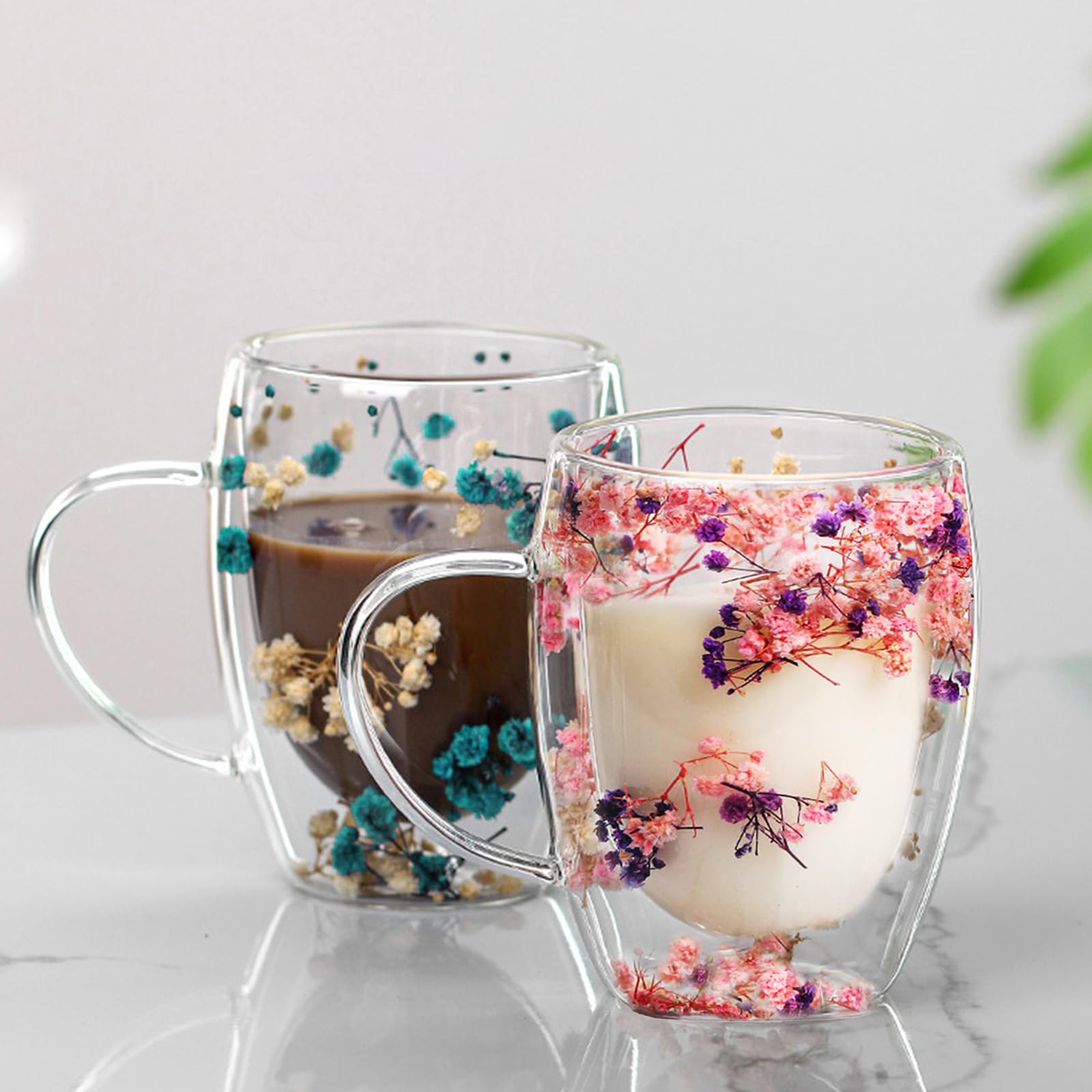 Shitafe 2PCS Dried Flower Double Walled Glass Coffee Mugs, 350ml Double Insulated Glass Tea Cups with Handle, Glasses Coffee Cups with Flower, Gift Ideas for Women Mum Wife Teacher Friend