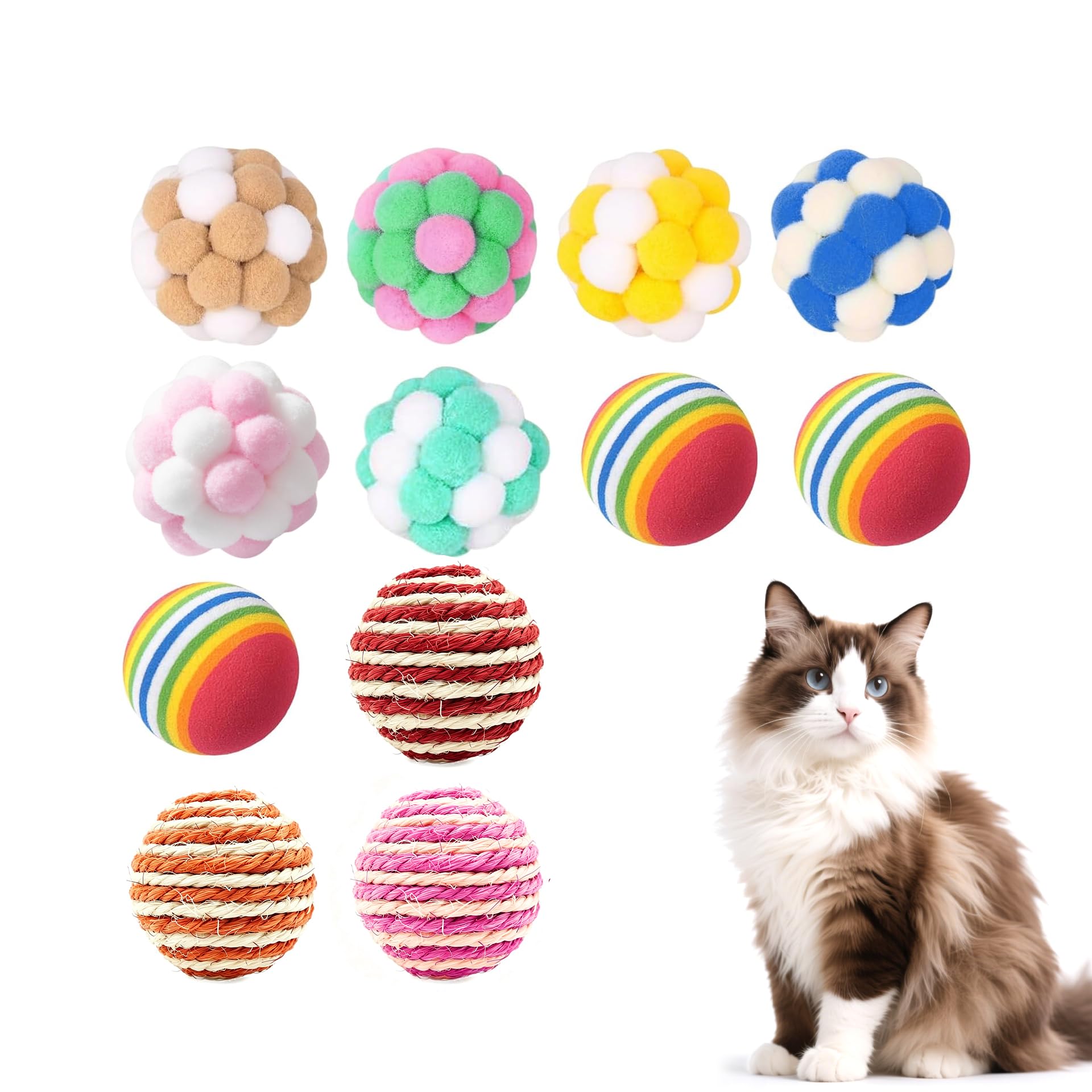 12 Piezas Bolas de Juguete para Gatos, Pelotas de Juguete para Gatos con Cascabeles, Tres Diseños Diferentes Juguetes Interactivo, para Gatitos y Gato Adultos en Interiores y Exteriores