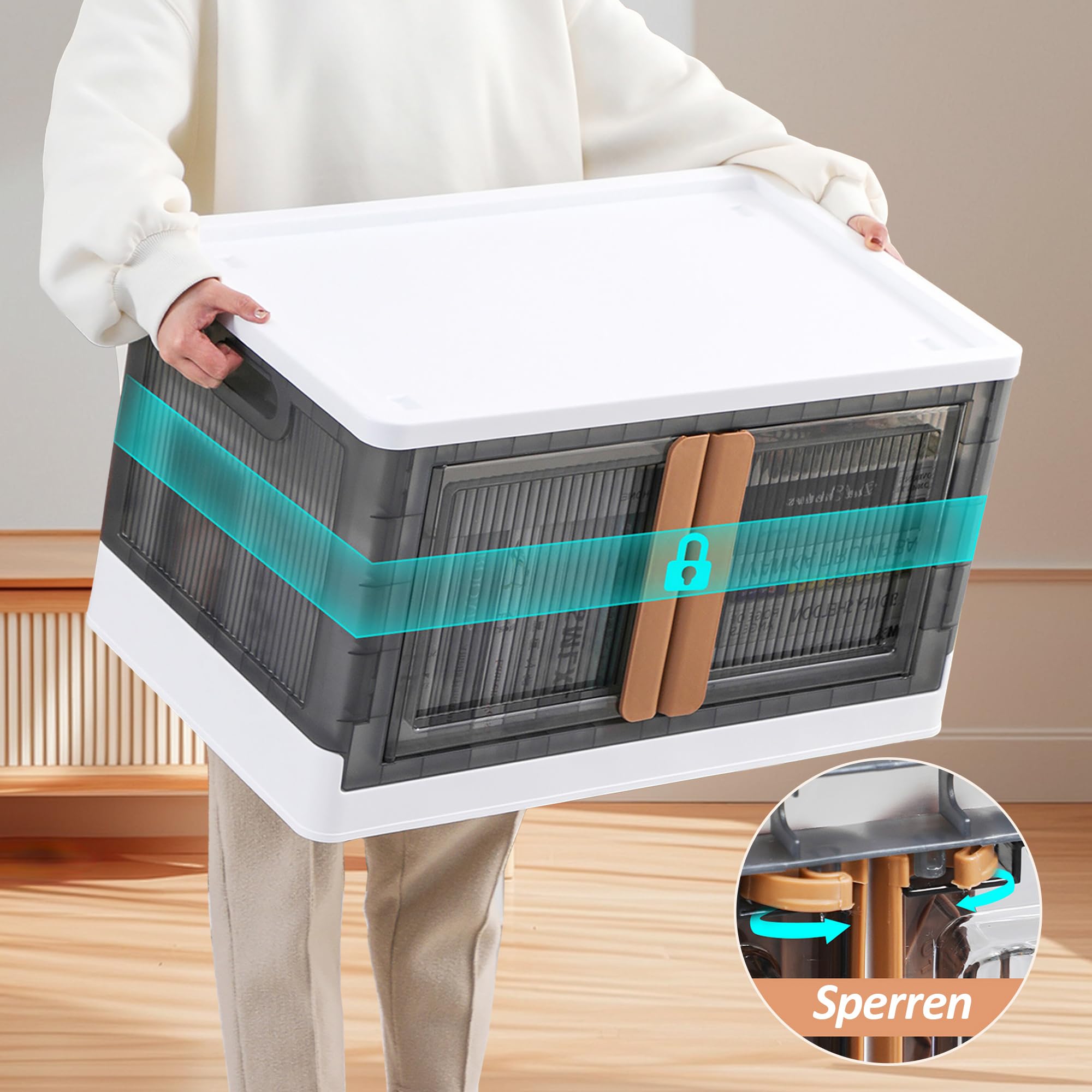 CALIYO Aufbewahrungsbox mit Deckel, 45L*3 Stapelbare Aufbewahrungsboxen Kisten Aufbewahrung mit Deckel Faltbare Aufbewahrung mit Türen und Rollen für Hause