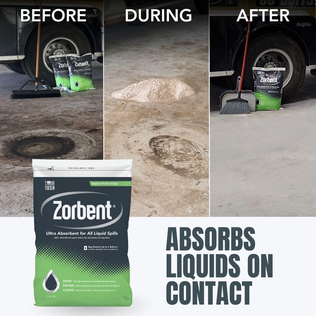 Zorbent Comercial: absorbe rápidamente hasta 6 galones de líquido, reemplaza 90 libras de arcilla. Ideal para la contención y limpieza de derrames industriales. No tóxico, todas las superficies, 1 pie