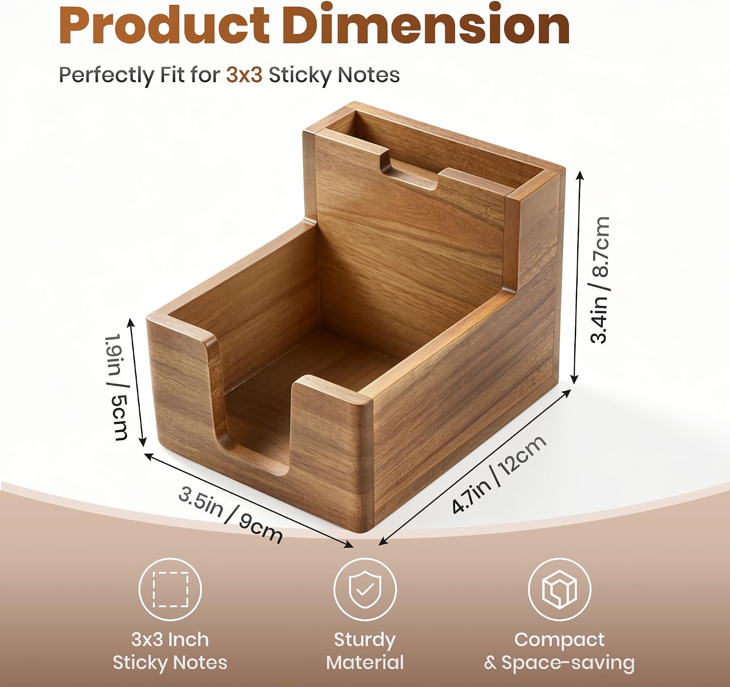 Acacia Wood Sticky Note Holder with Pen Slot, 3x3 Sticky Note Dispenser for Desk, Non-Slip Pads Office Storage Organizer