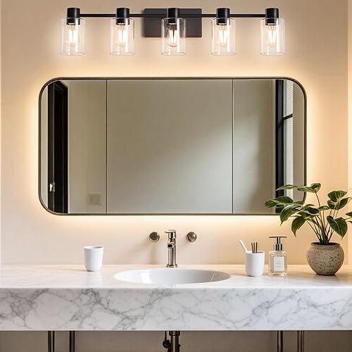 Miniatura 8 de Lámparas de tocador modernas de 5 luces sobre el espejo, lámparas de baño negro mate, luces de tocador, aplique de pared con pantalla de vidrio