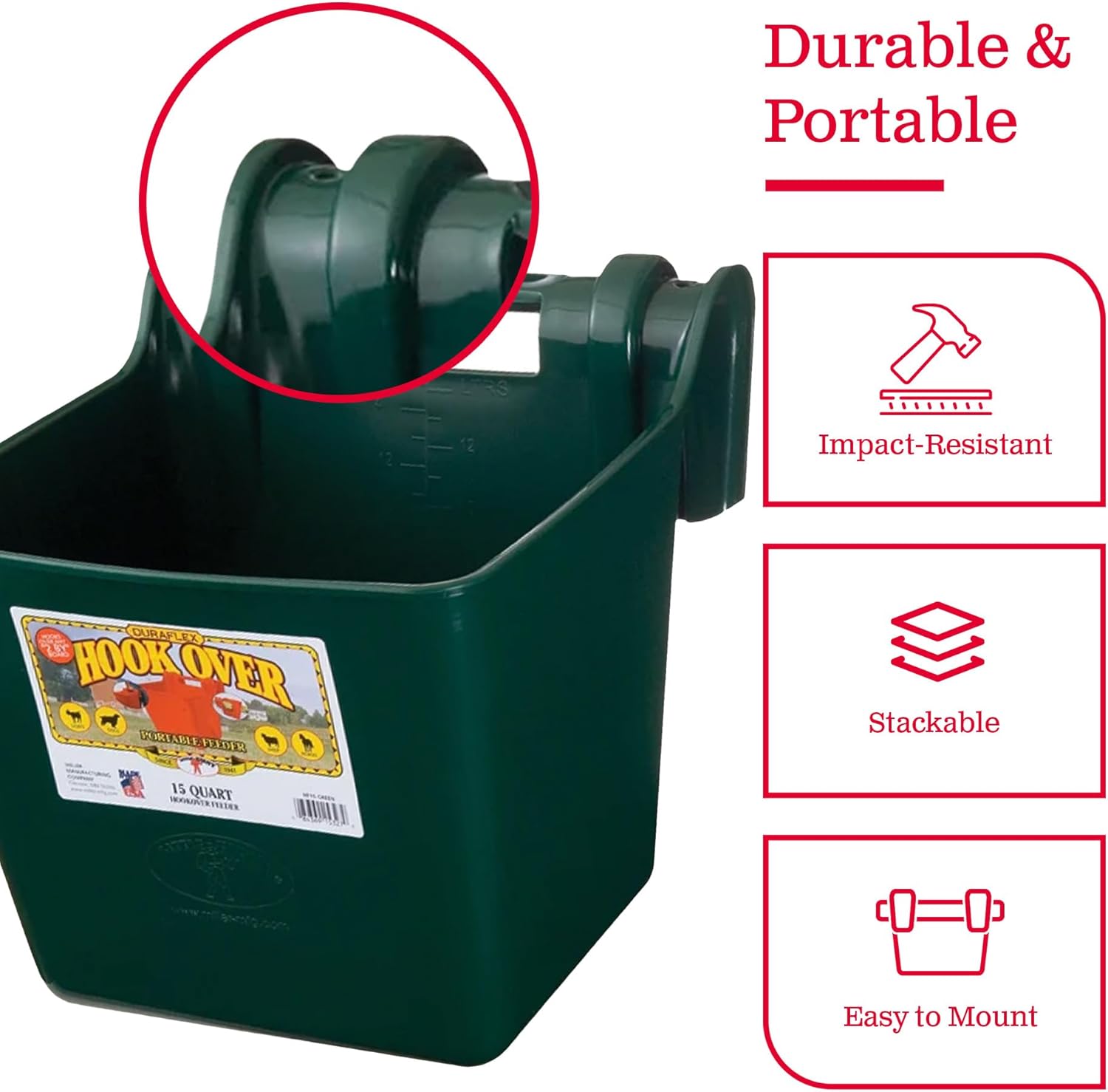 Little Giant HF15GREEN Heavy Duty 15 Quart Mountable Plastic Hook Over Feeder, Green (2 Pack)