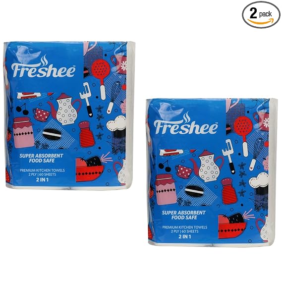 Freshee 60 Sheet 2 In 1 Kitchen Towel Tissue Paper Pack Of 2, Hygienic Fresh Environment Friendly Water Dissolvable Disposable Dry Tissue Roll Made With 100% Virgin Fibre