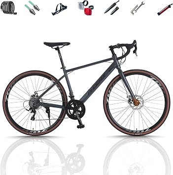 Bicycle Road Bike Gravel Road Bike 700c 700 x 32c Shimano 21 Speed Shifter, Lightweight Aluminum Frame, Front and Rear Disc Brakes, Front and Rear Mud Flap, Drop Handle, For Beginners, Entry-level Commuting to Work or School, Comfortable Running, City Cycle