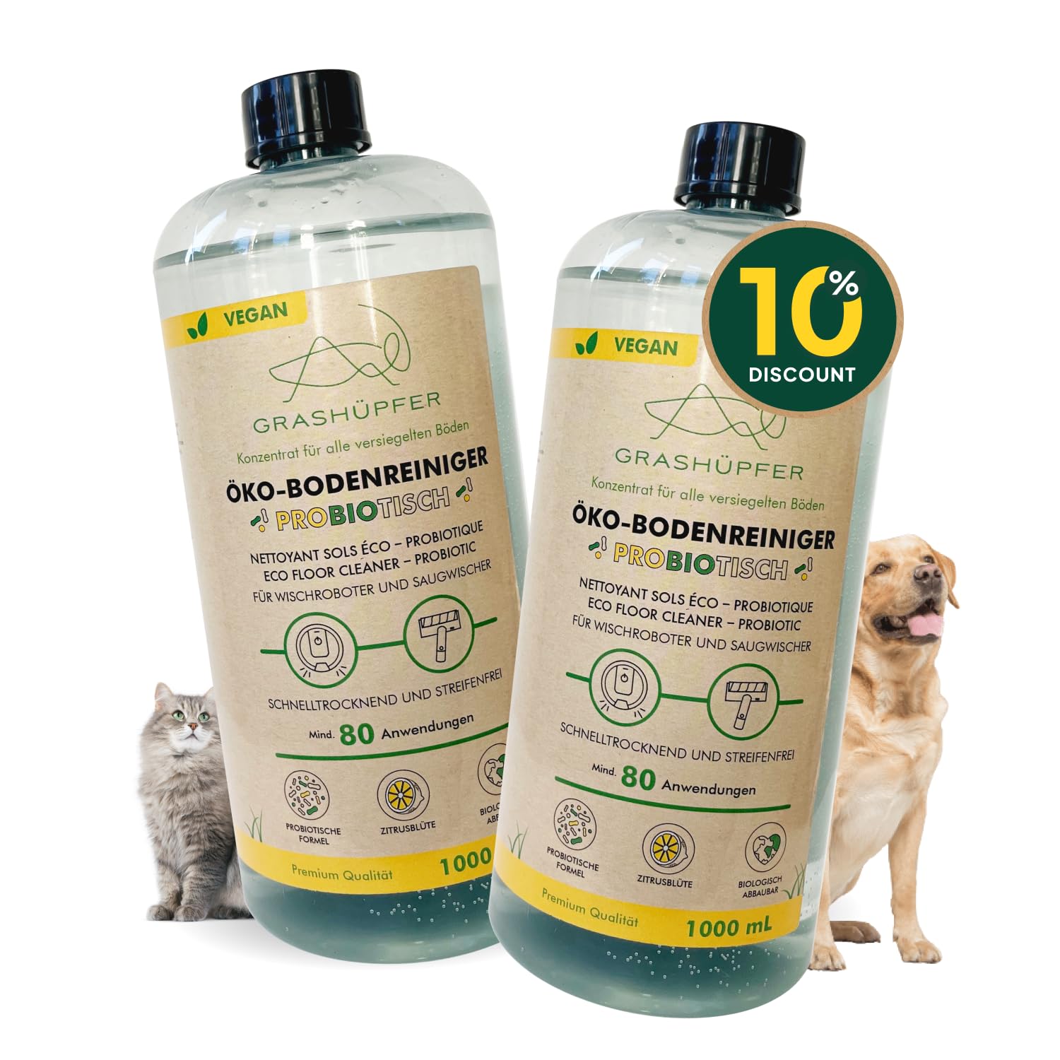 2er Set GRASHÜPFER® Probiotischer Öko Wischroboter Reiniger [FÜR TIERHAUSHALTE] – reinigt und entfernt Tiergerüche biologisch, für Wischroboter und Saugwischer [ZITRUSBLÜTE] - 2000 ml