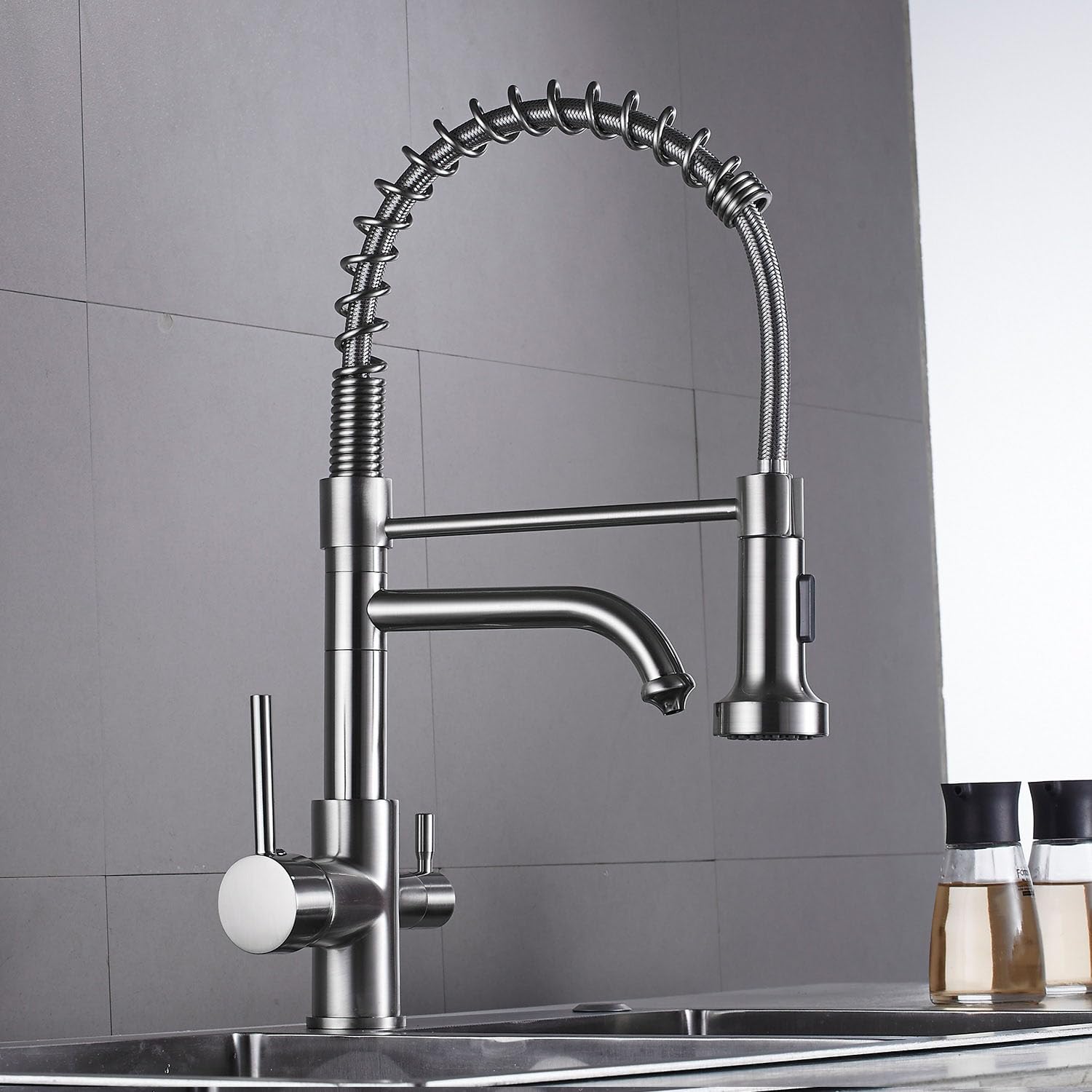 BHFPFZA 3 Way Kitchen Tap - Pull Out Filter Mixer Faucet 360° Swivel Dual Lever Brushed Stainless Steel 3-in-1 Design for Water Filtrat Modern Sink Tap