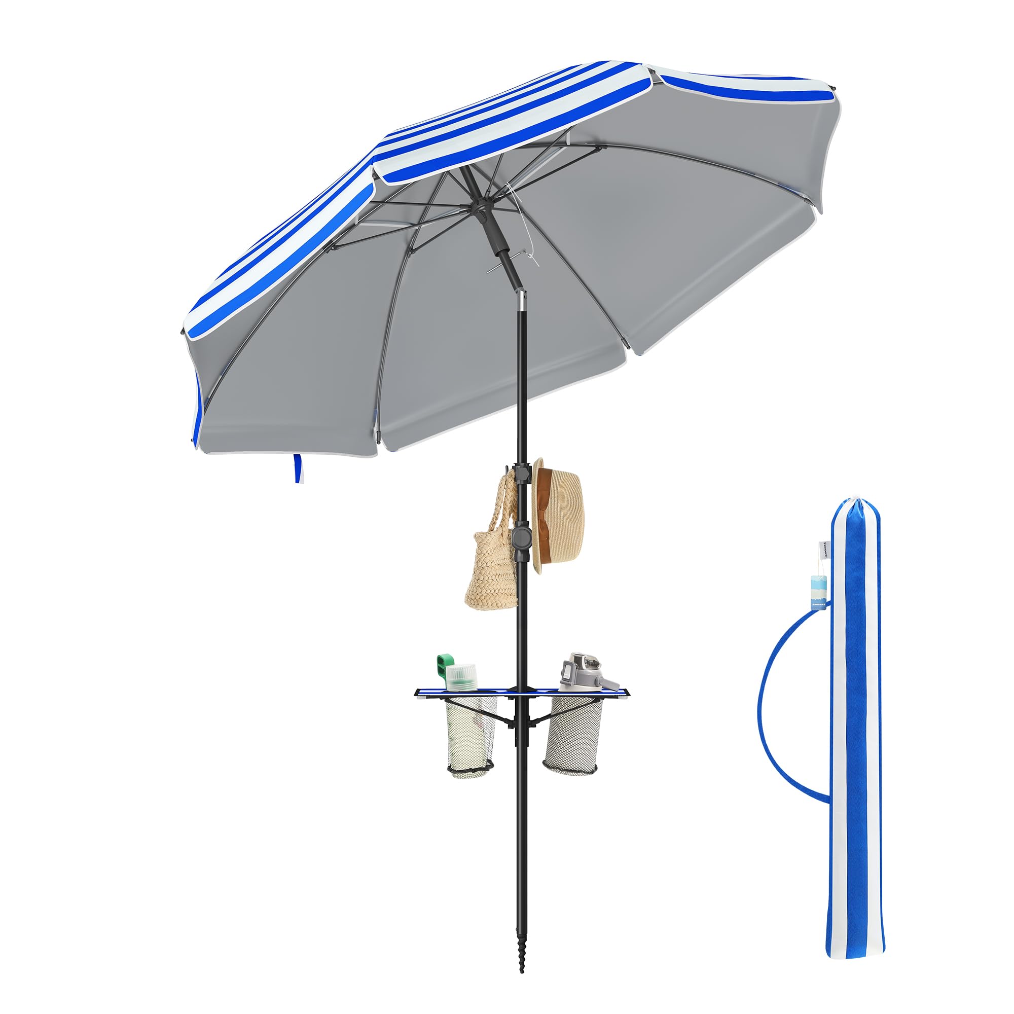 SONGMICS Sonnenschirm 160 cm, Strandschirm, Sonnenschutz UPF 50+, beidseitig um 30° knickbar, höhenverstellbar, Ablagefläche, Haken, für Strand, Garten, ohne Ständer, blau-weiß GPU0080Q02