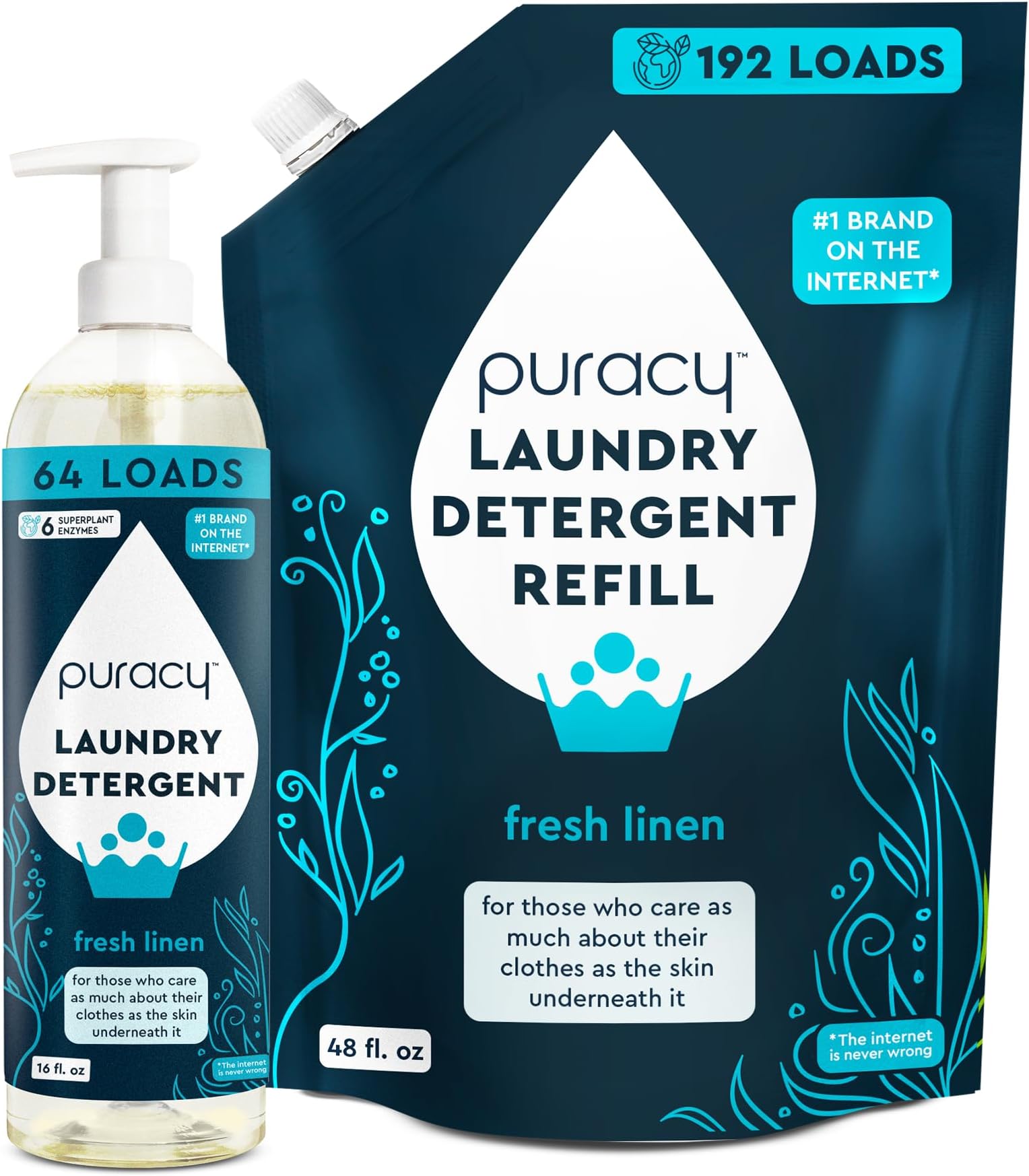Puracy Liquid Laundry Detergent Refill-1,4 Dioxane Free, Natural, Gentle Laundry Detergent Liquid Concentrate Laundry Pouch with Stain Fighting Enzymes Fresh Linen & Free and Clear 16 fl oz & 48 fl oz