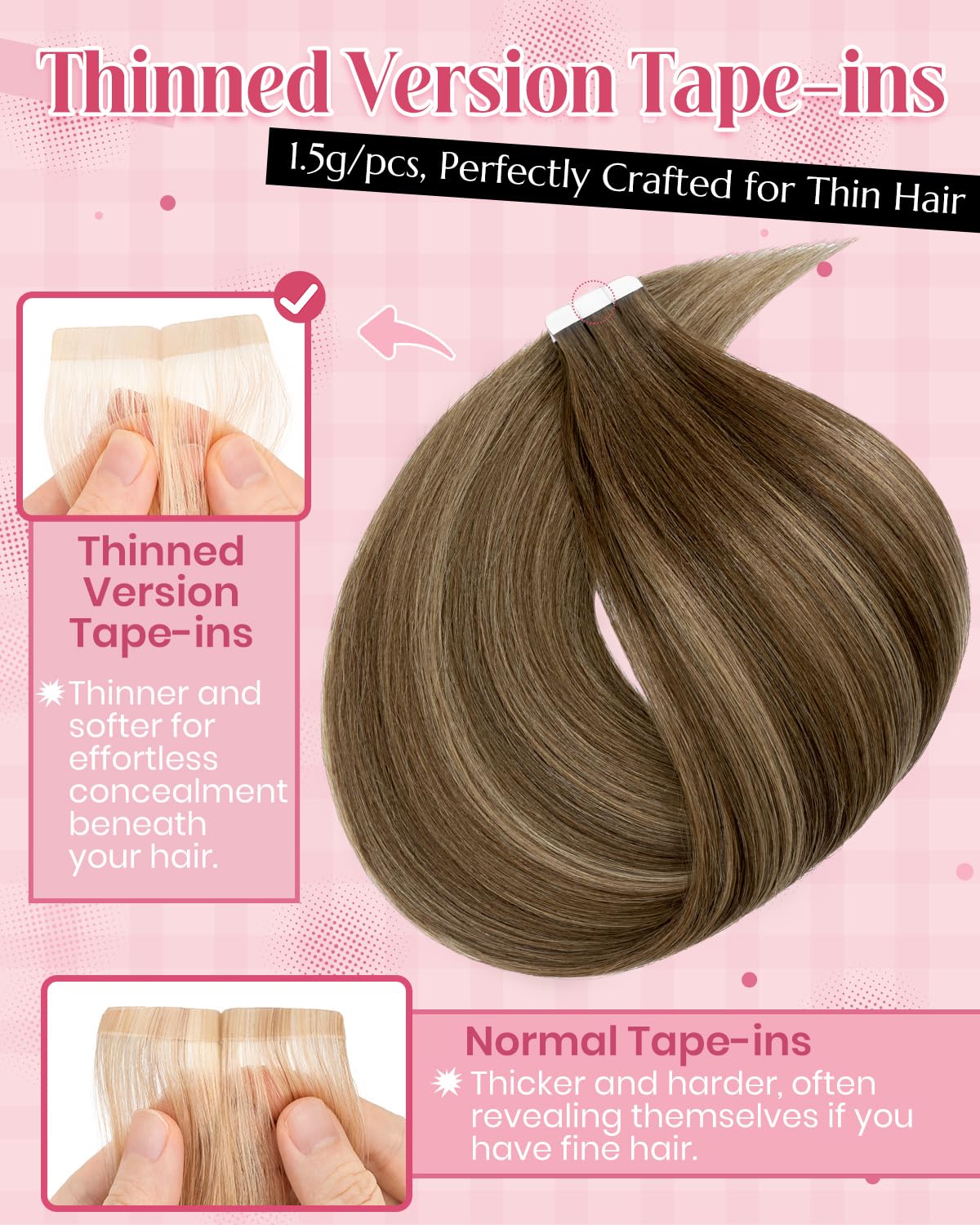 SLEEKALON Invisible Tape in Hair Extensions Real Human Hair 20 Pcs Thinned Version #4/4/27 Ombre Midium Brown/Dark Blonde - Image 3