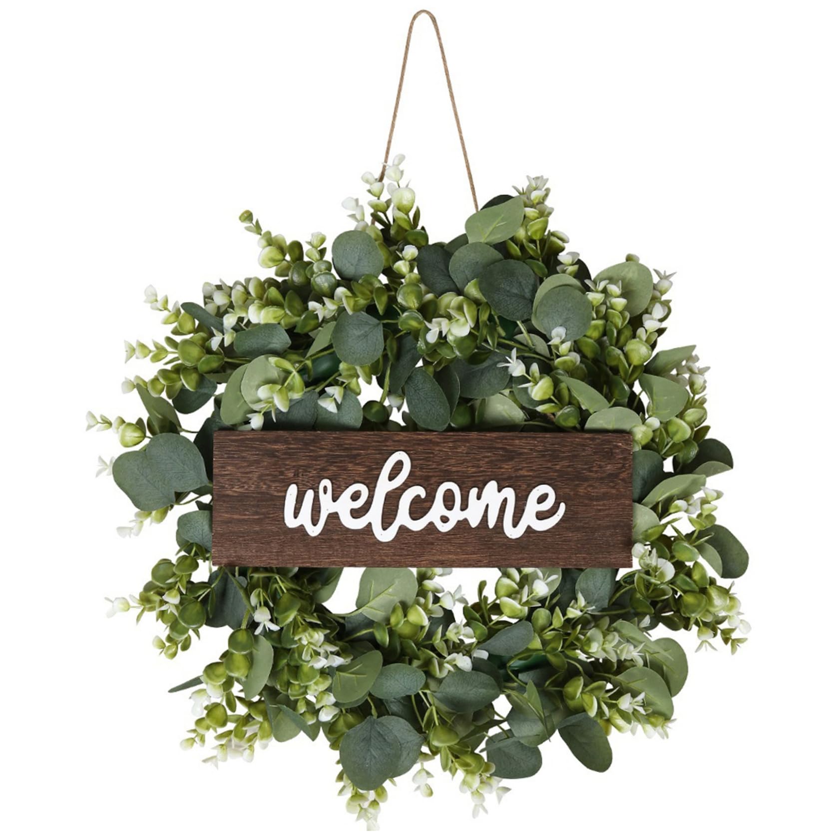 Tsawntd Front Door Decor, 18 inch Artificial Eucalyptus Wreath with Welcome Sign, Spring Wreaths for Front Door, Green Outdoor Wreath for Wall Window Porch Patio Eucalyptus Outdoor