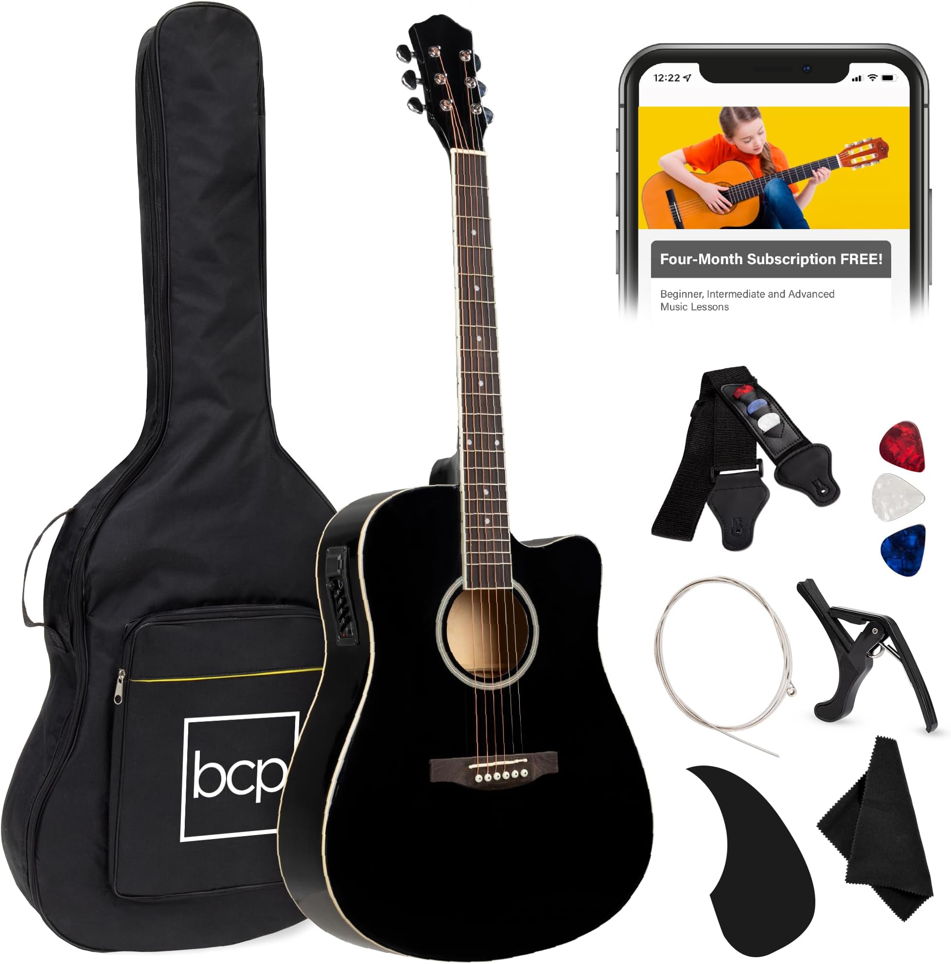 Best Choice Products Beginner Acoustic Electric Guitar Starter Set 41in w/All Wood Cutaway Design, Carrying Case, Strap, Picks, Cable - Black