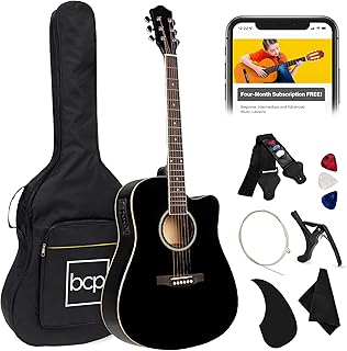 Best Choice Products Juego de iniciación de guitarra eléctrica acústica para principiantes, 41 pulgadas con diseño de corte de madera, funda de transporte, correa, púas, cable, color negro
