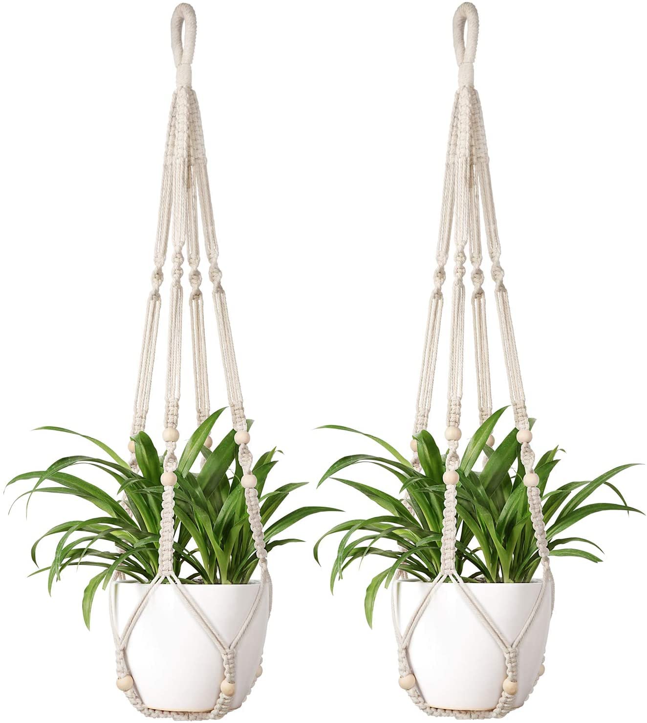 Aster Macrame Plant Hangers, Unique Designs,Handmade Cotton Rope Hanging Planters Flower Pots Holder Stand, for Indoor Outdoor Boho (POTS NOT Included) (White Set of 2)
