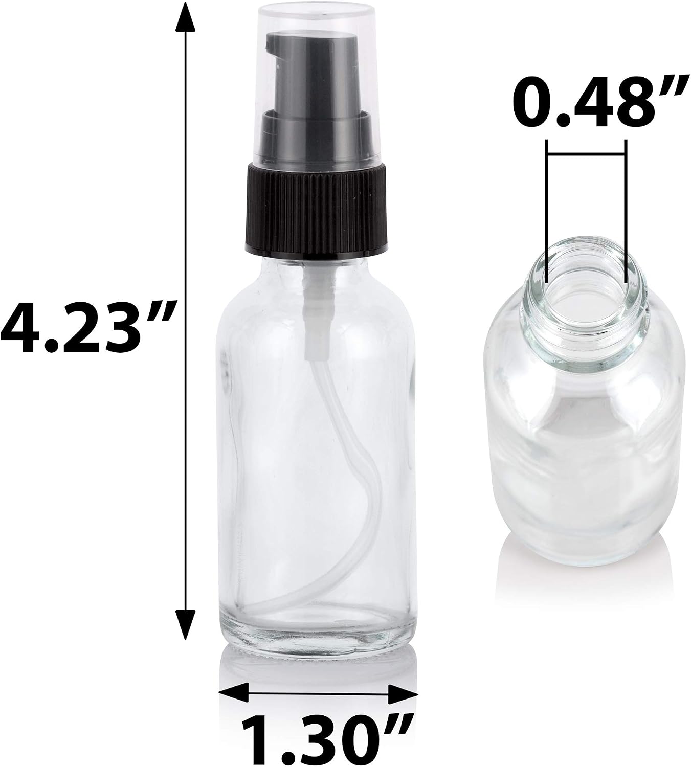 1 oz / 30 ml Clear Glass Boston Round Bottle with Black Treatment Pump + Funnel (24 Pack)