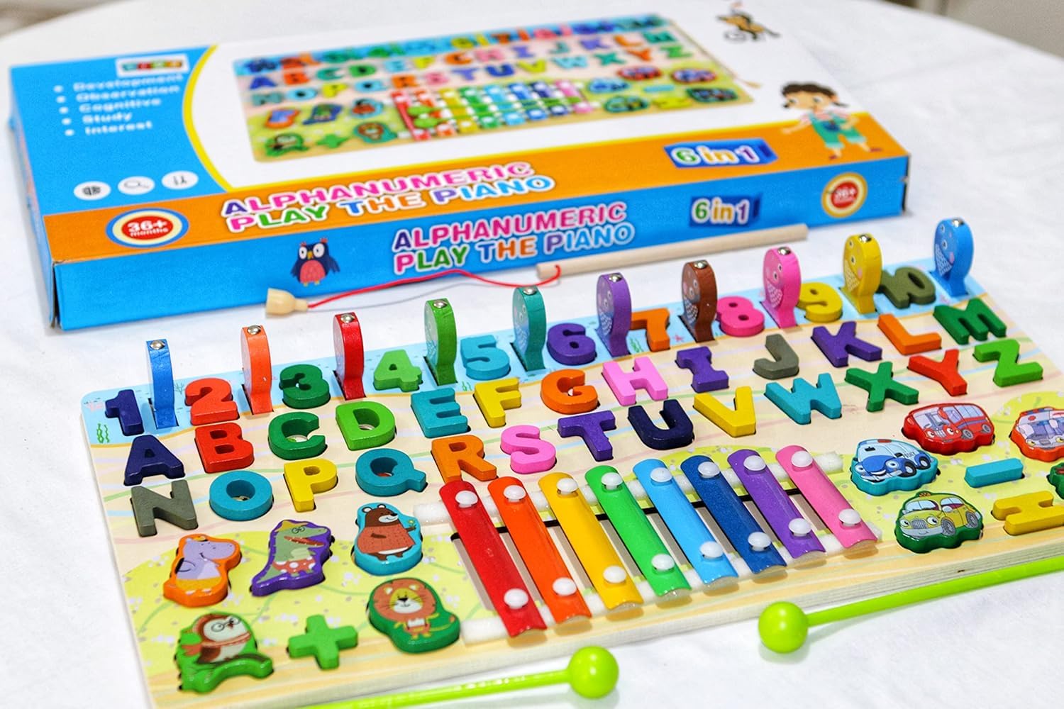 Top Sale Montessori 6-in-1 Wooden Alphabet Number Learning Board with Xylophone Magnetic Fishing Game, ABC Letters - Image 2