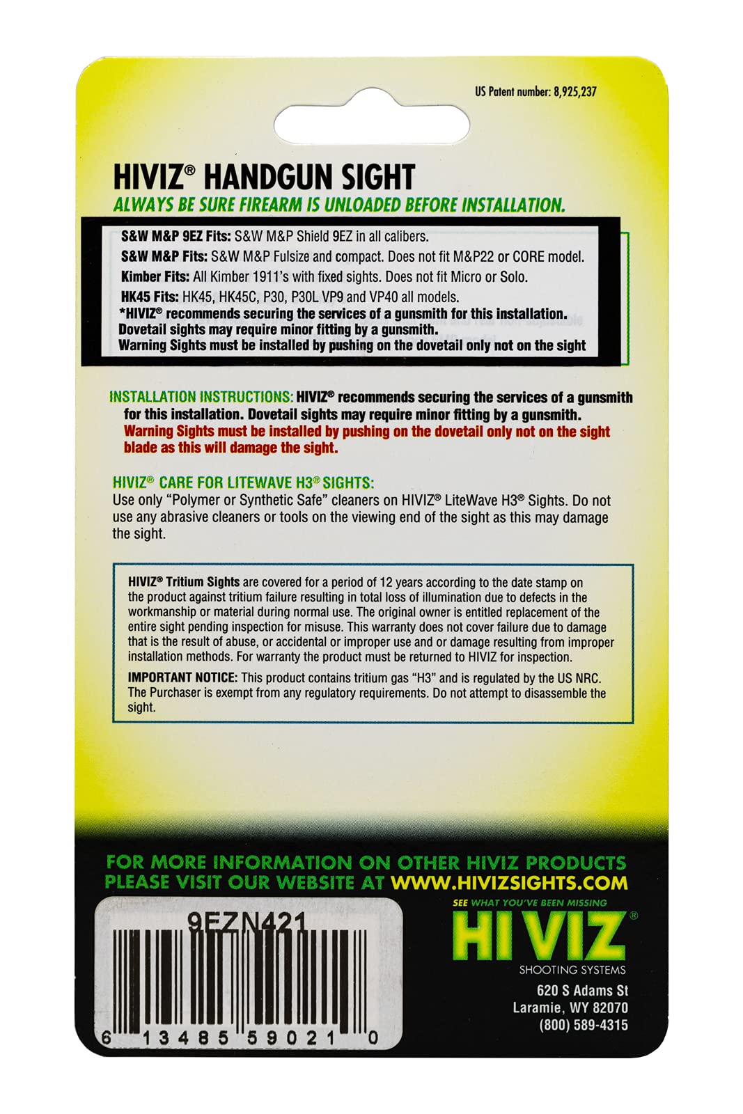 HIVIZ LiteWave H3 Sight - Tritium & Fiber Optic For S&W Shield 9EZ/380EZ