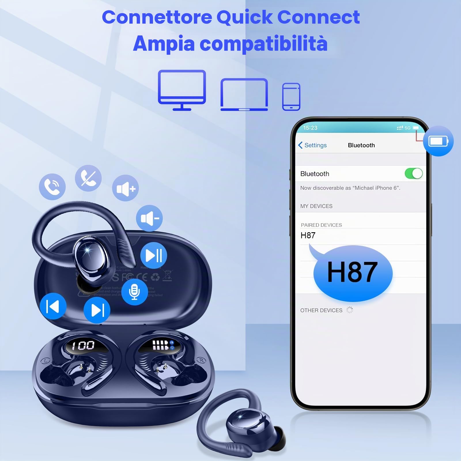 Cuffie Bluetooth Sport, Auricolari Bluetooth 5.4 HiFi Stereo con 4 ENC Mics | 50 Ore Cancellazione Rumore Cuffie Wireless, IP7 Impermeabili Cuffiette Bluetooth, Auricolare per Correre e Running, USB-C