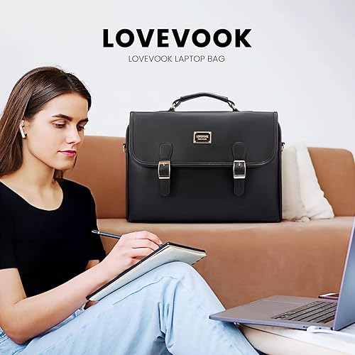 Miniatura 6 de LOVEVOOK Bolsa para computadora portátil para mujer, bonita bolsa de mensajero de poliuretano para trabajo, universidad, color negro