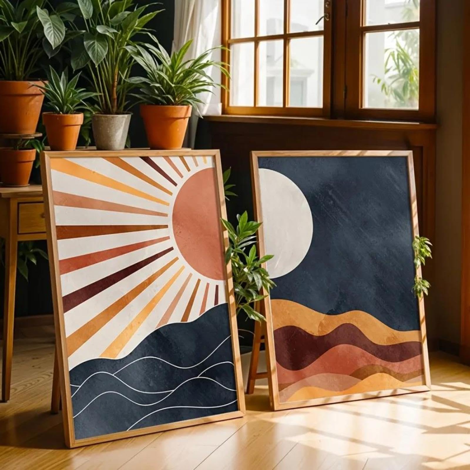 Baibexing Mid-Century Bohemian Sun And Moon Sunset Wall Art Posters Prints Canvas Painting Home Decoration 30X40Cmx2Pcs Unframed