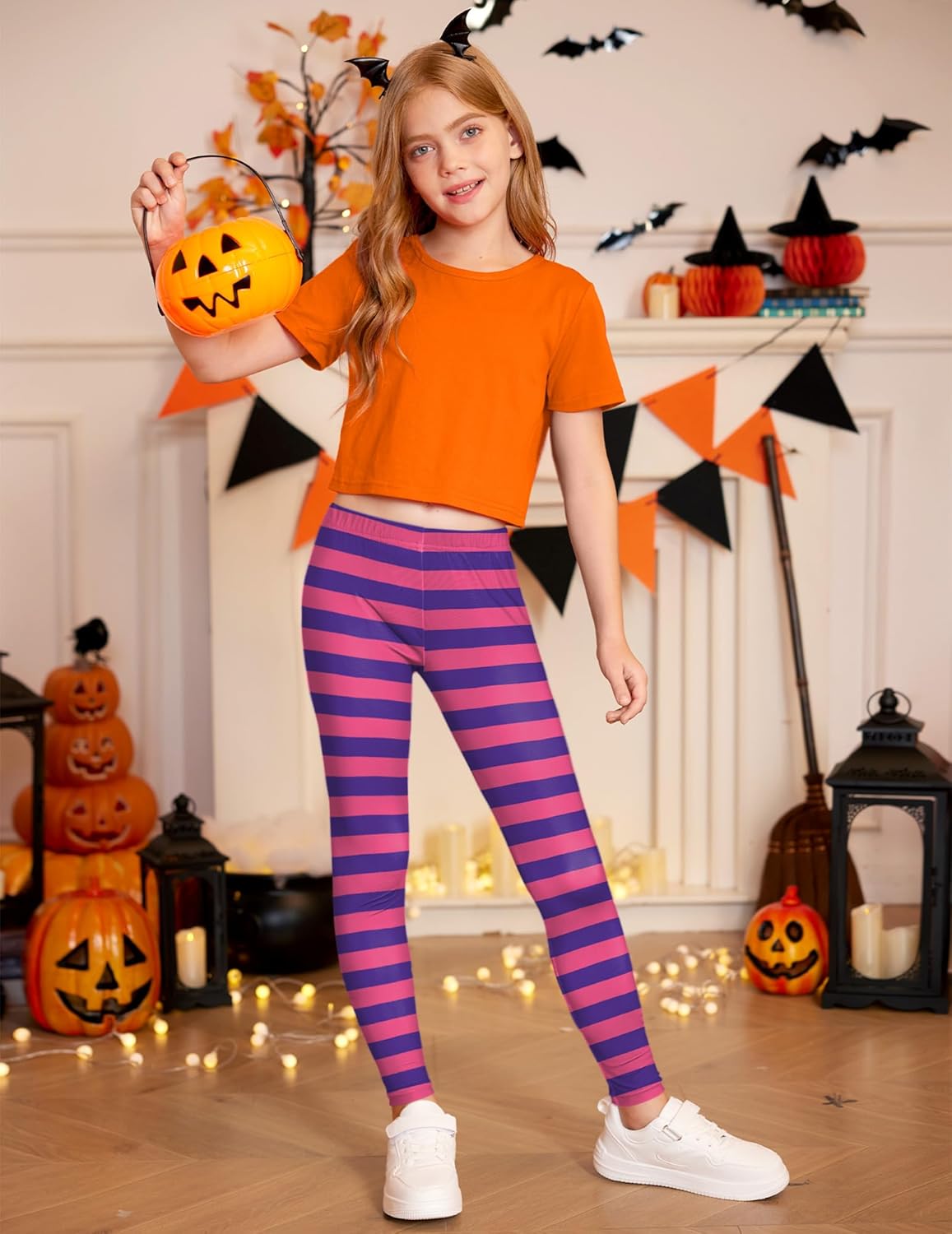 Girls Halloween Stretchy Skinny Catt Leggings Printed Fun Elastic Band Tight Pants Pink & Purple Stipes 5-6 Years - Image 5