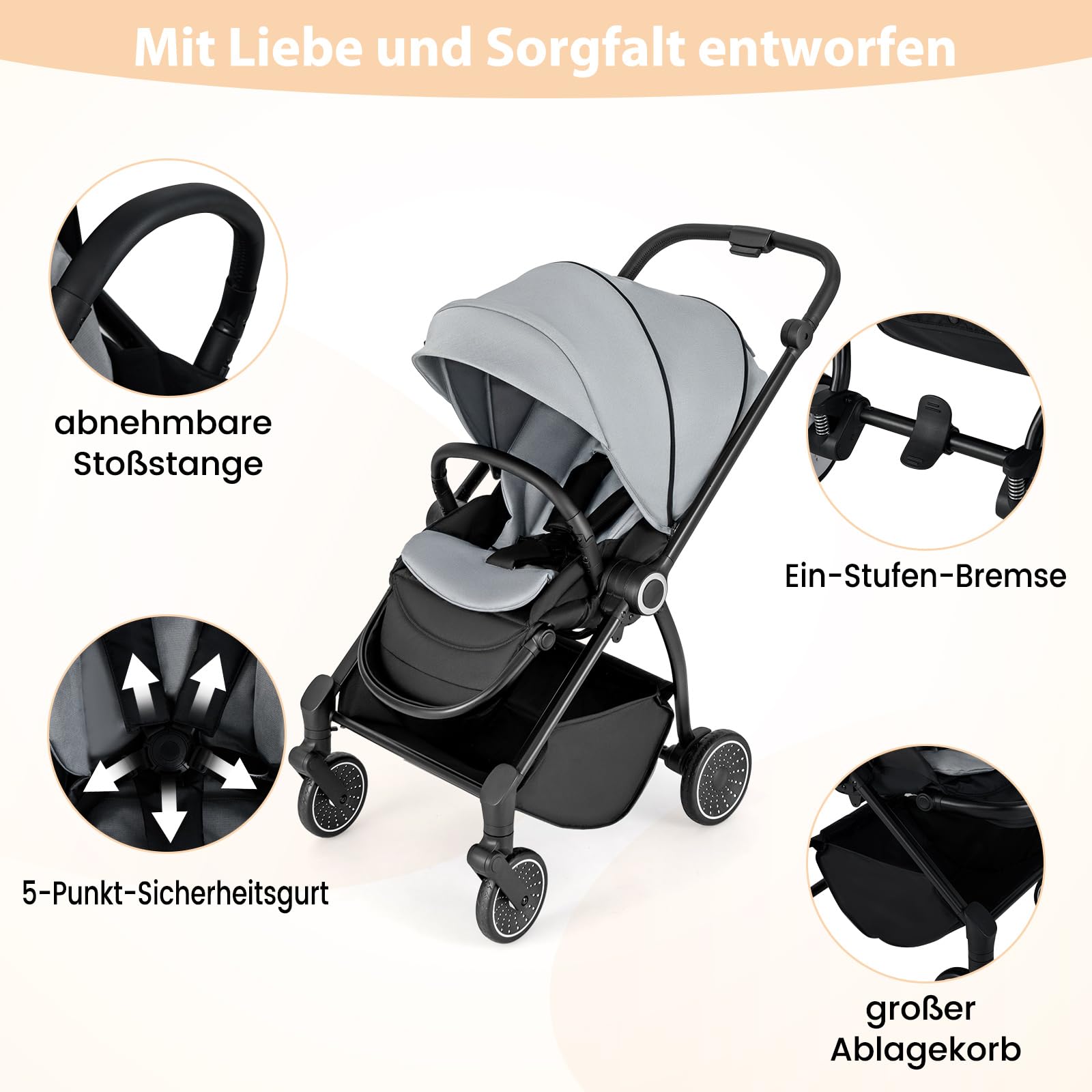 COSTWAY Kinderwagen faltbar mit umkehrbarem Sitz, Reisebuggy mit verstellbarer Rückenlehne, Griff, Sonnendach & Fußstütze, Babywagen Kinderbuggy mit Aufbewahrungskorb für 0-3 Jahre (Grau)