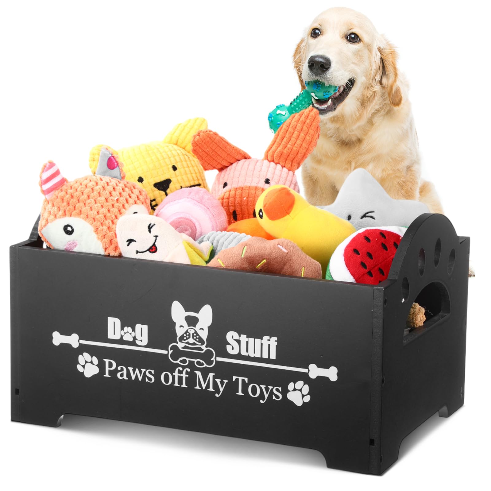 Marsui Wooden Dog Toy Bin Basket with Handle Large Dog Stuff Storage Box Cute Pet Stuff Organizer for Chew, Blankets, Leashes, Food Gift for Living